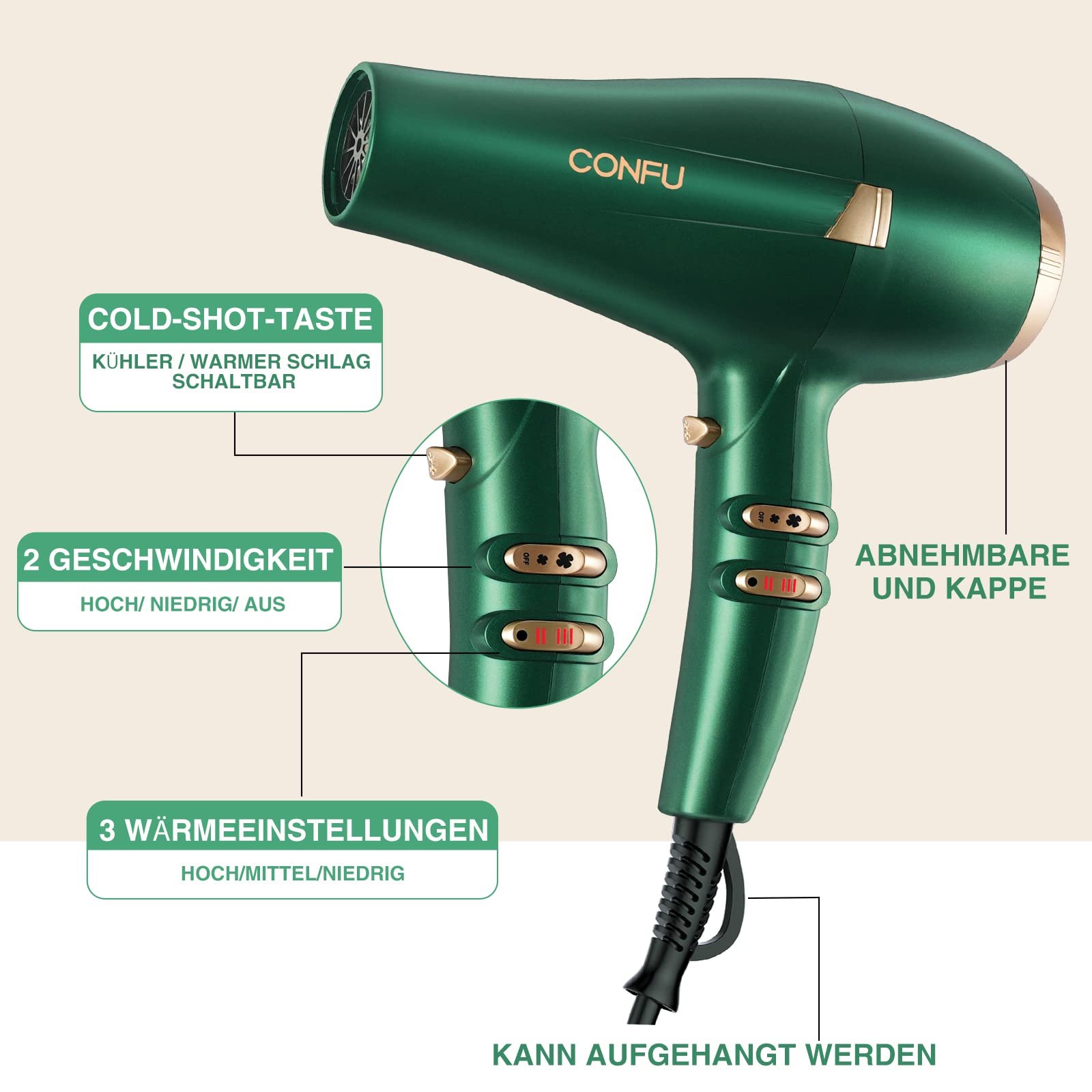 Фен CONFU Professional Ion, 2400 Вт, 2 швидкості, 3 режими нагріву, зелений, фото №3