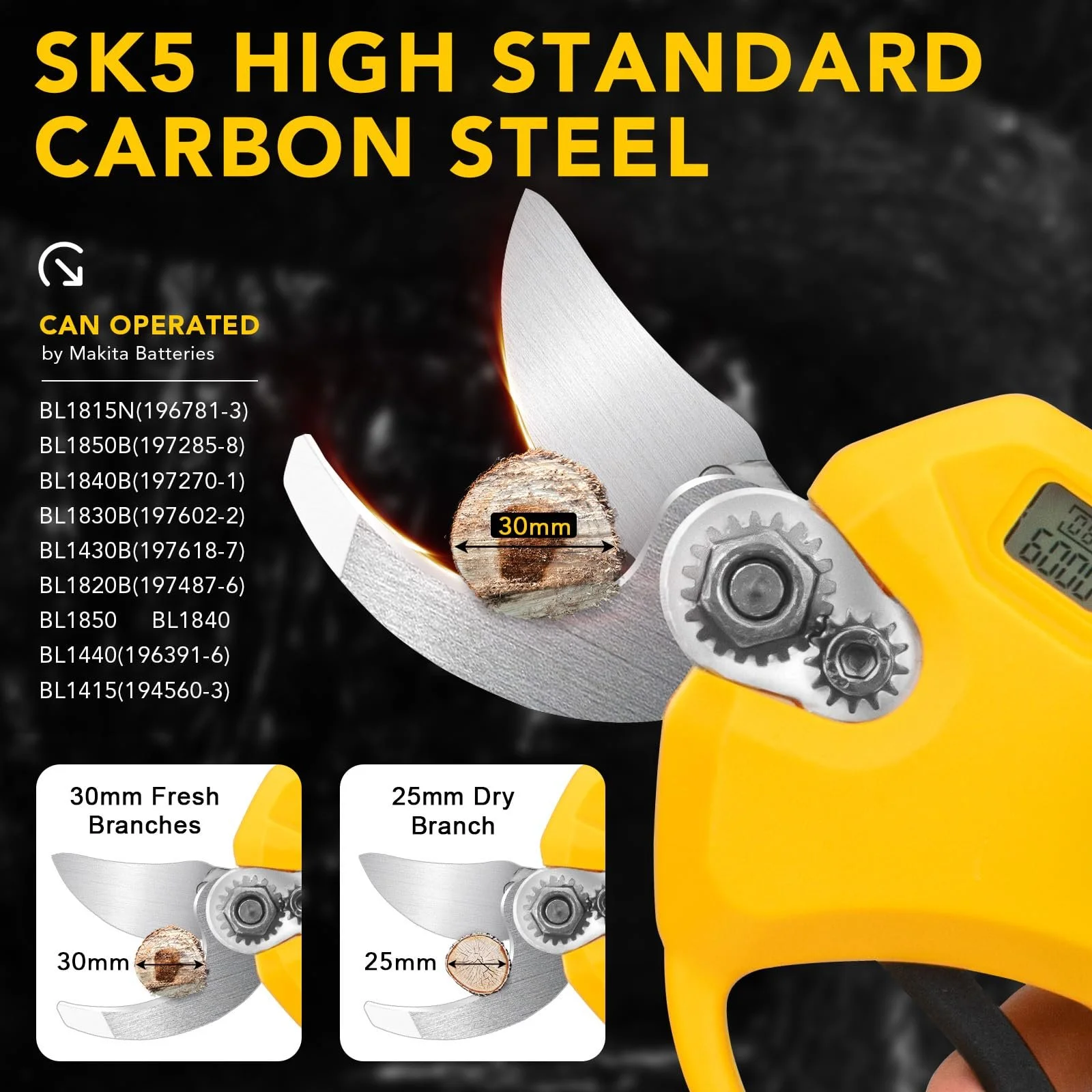 Акумуляторні секатори Gisam 40 мм, електричні ножиці для обрізки з 2 x 2Ah батареями та РК-дисплеєм, акумуляторні ножиці для троянд, регулювання отвору для обрізки живоплотів і фруктових дерев (жовтий), фото №5