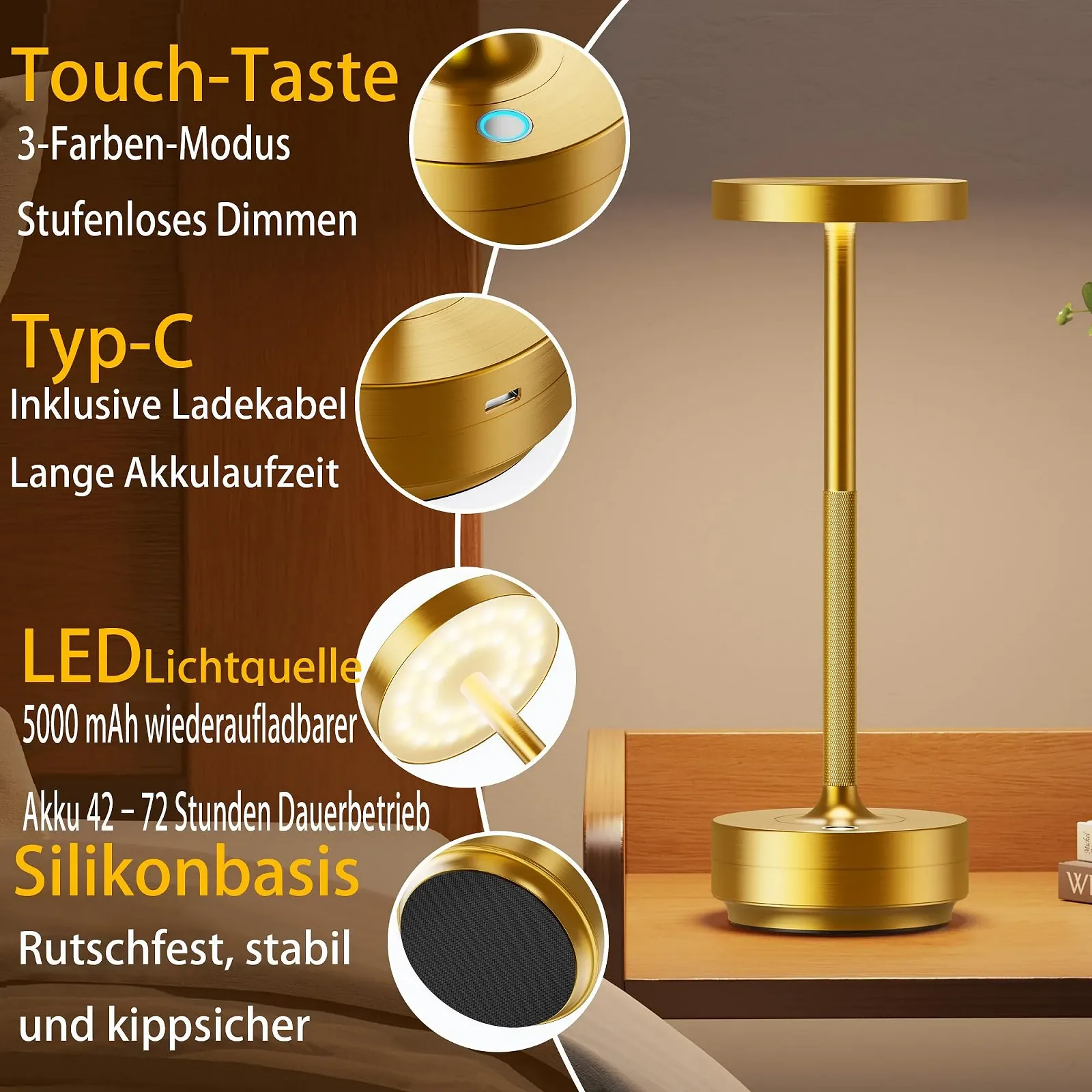 Настільна лампа LED акумуляторна IP54 5000 mAh Сенсорна 3 кольори Золотиста, фото №5