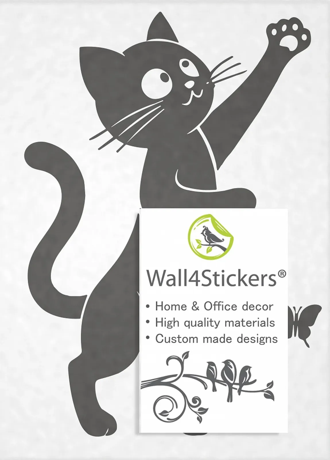 Наклейка на стіну Funny Cat Butterfly Dynamic Cat Decor Вінілова Чорна, фото №4