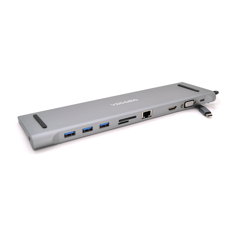 Хаб-конвертор VEGGIEG TC10 Type-C папа на Type-C мама USB3.0*3(мама) HDMI мама VGA мама jack3.5(мама) SD/TF RJ45 10 см Silver Box, фото №1