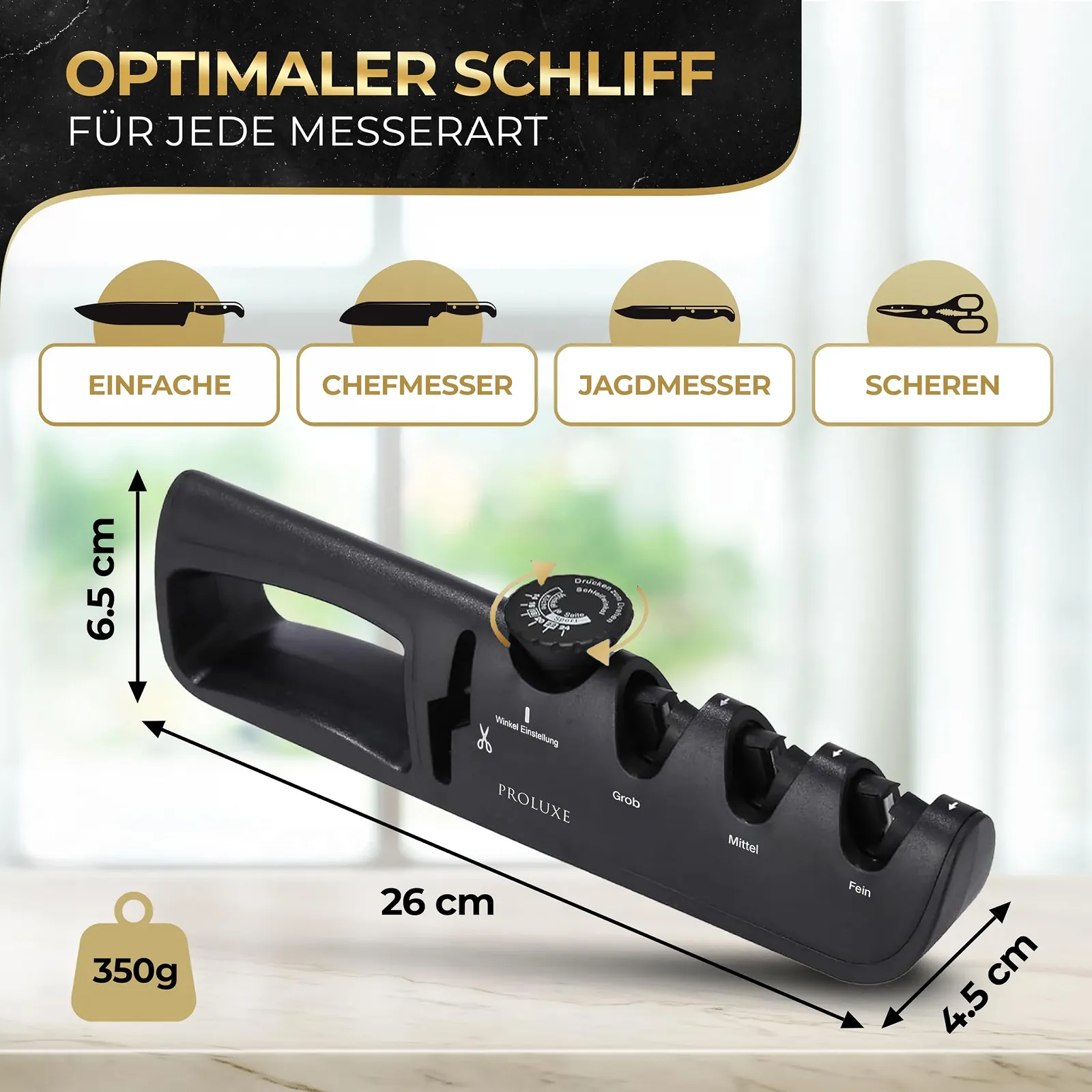 Точилка для ножів Proluxe Professional 4-ступінчаста з направляючою кута та точилкою для ножиць Diamond, фото №3