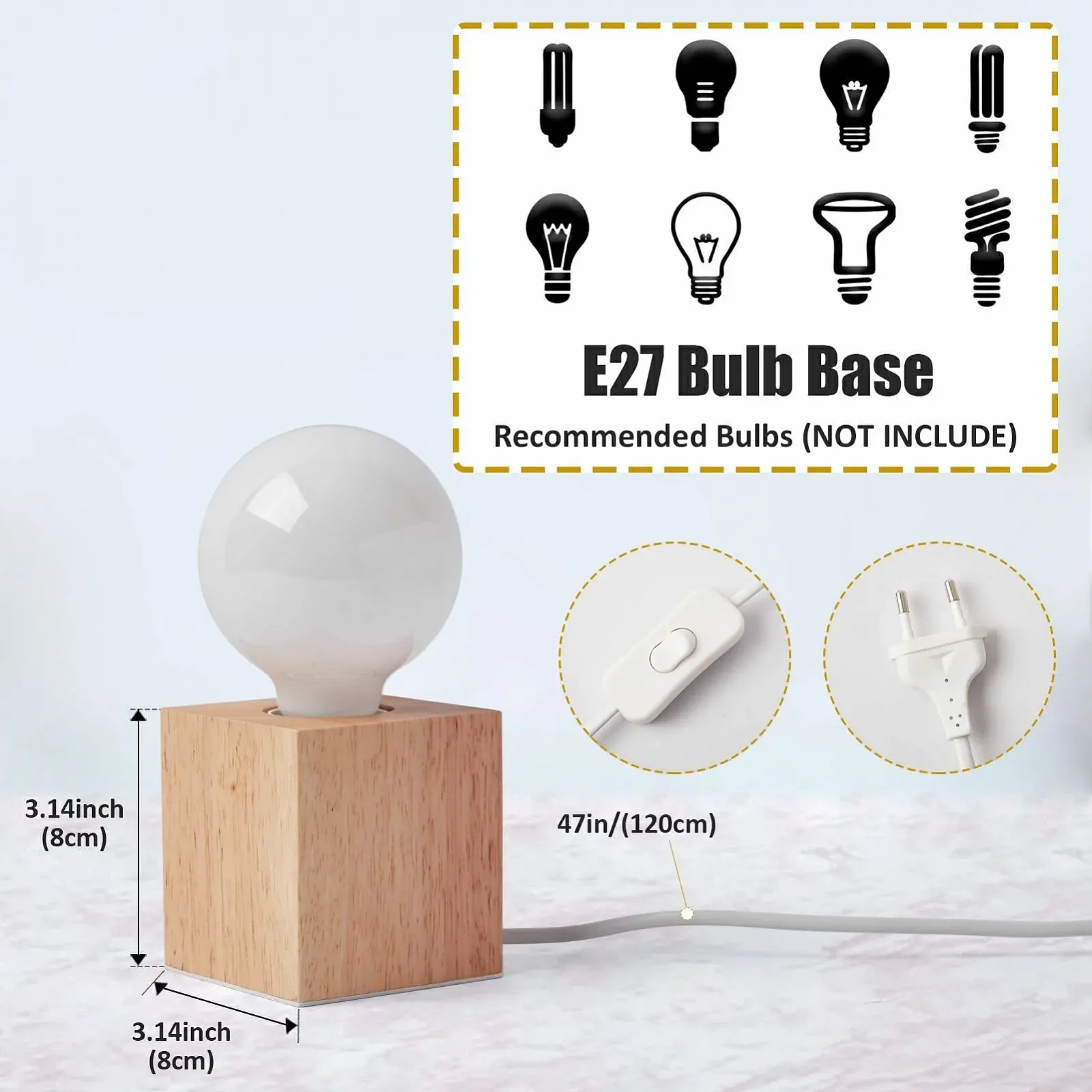 Настільна лампа OuXean Small з квадратною дерев'яною основою E27 60 W (без лампочки), фото №6