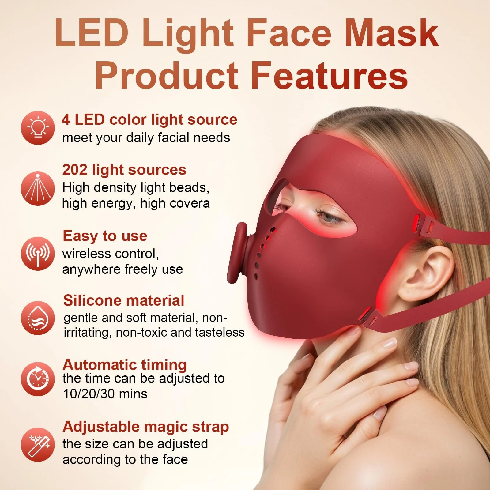 LED Маска для обличчя Rkdely Лампа червоного світла для обличчя: 4 кольори, фото №5