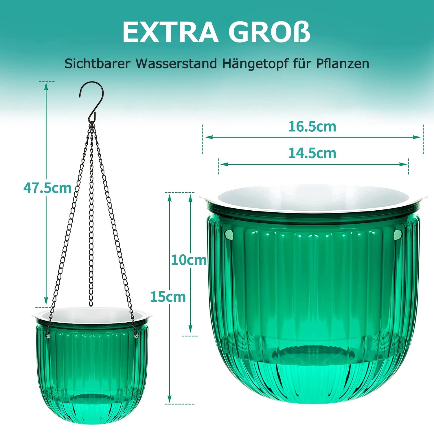 Набір підвісних вазонів з автополивом 2 шт. 16.5 см Зелений Прозорий ПЕТ, фото №2