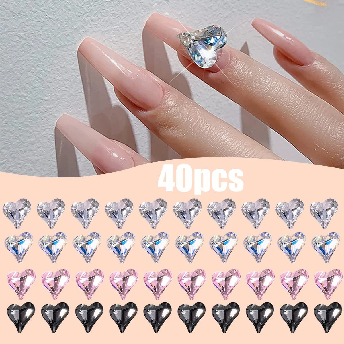 Стразы для ногтей Сердце 40 шт. Камни и подвески для ногтей в форме сердца Острые блестящие стразы для украшения ногтей для DIY маникюра, фото №3