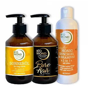 Літній Набір: Органічна сонцезахисна олія Sunoil 200 мл, Органічна олія для волосся Pure Hair 200 мл, Медовий гель для душу 200 мл - Фото 1