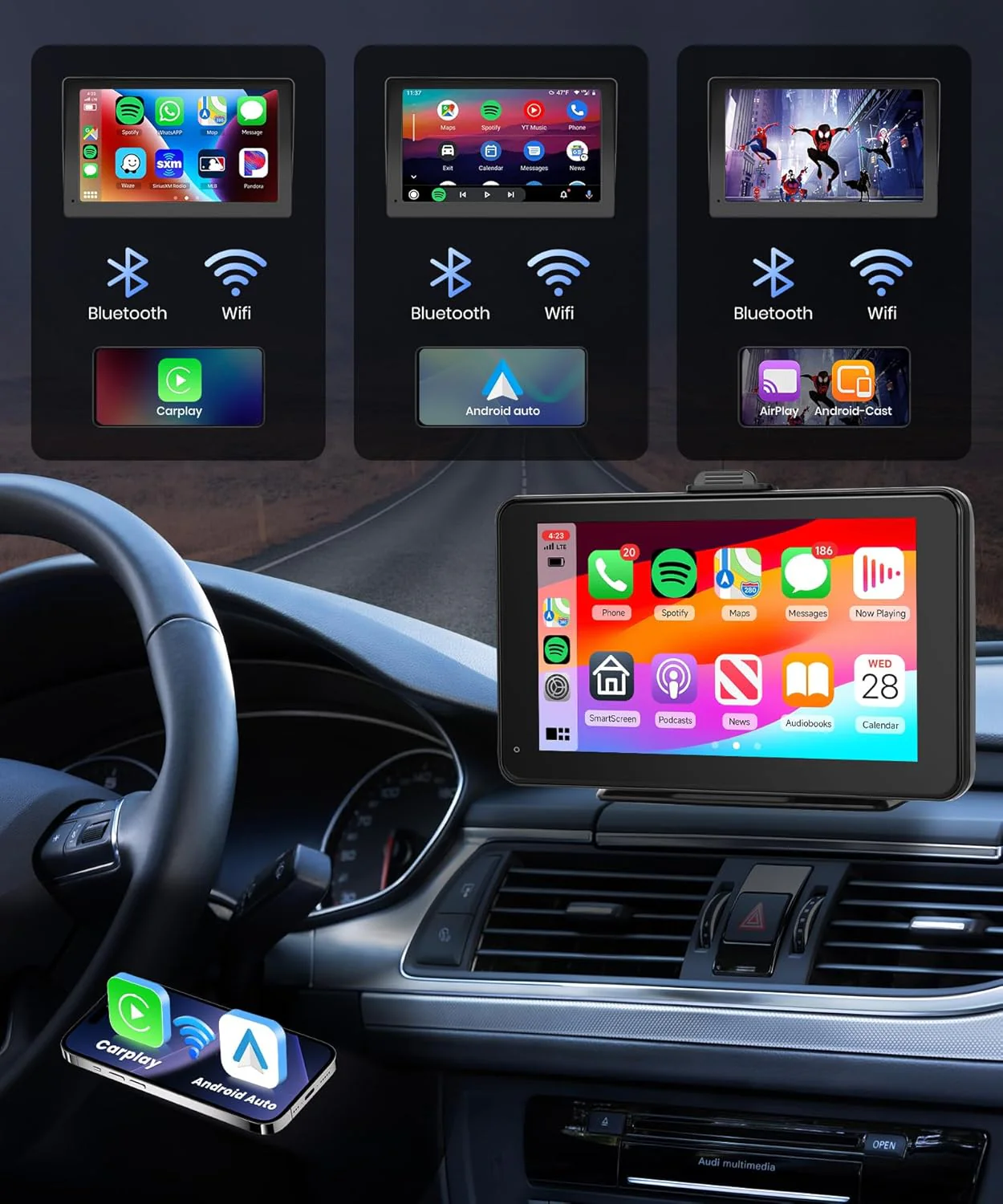 Автомагнітола Podofo A3135 / 7" / Сенсорна / Apple CarPlay / Android Auto / Bluetooth / WI-FI / GPS / FM / USB / AUX / TF Card, фото №2