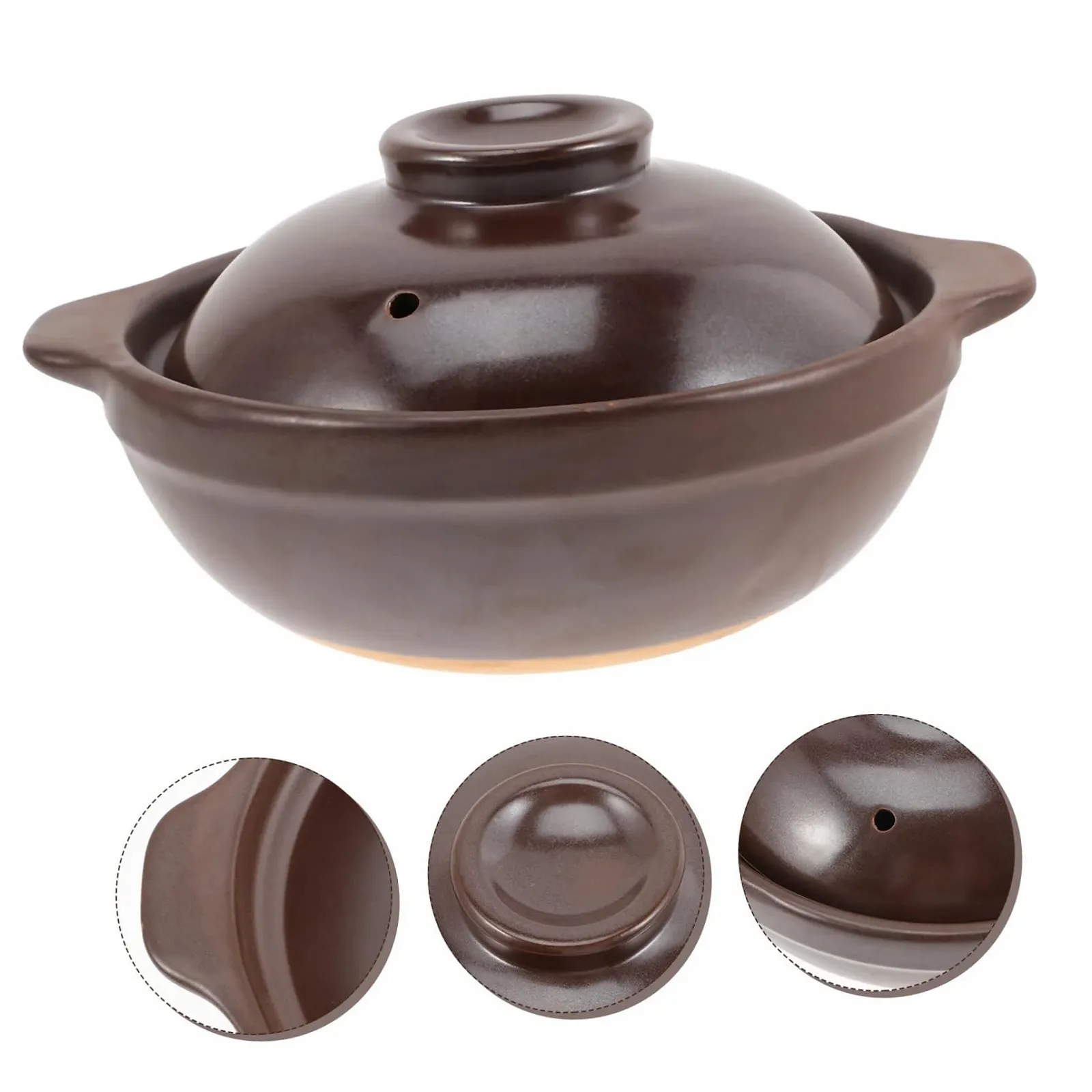 Кастрюля керамическая Gatuida Small Clay Pot С крышкой для лапши термостойкая с пароотводом Коричневая, фото №4