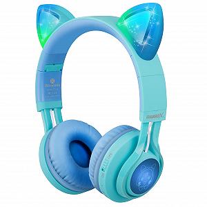 Навушники Riwbox CT-7S з котячими вушками Бездротові Bluetooth з обмеженням гучності 85 дБ LED-підсвічуванням та мікрофоном Синій/Зелений - Фото 1