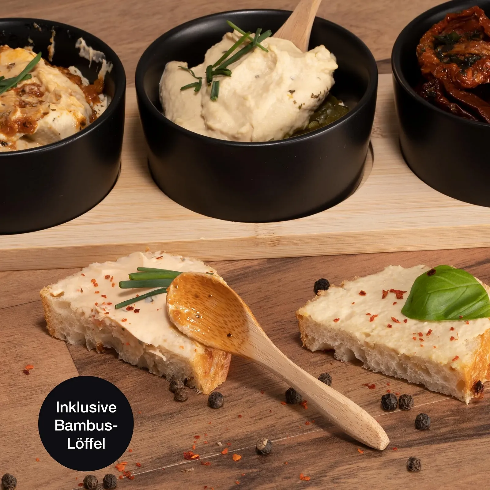 Миска Moritz & Moritz Набор черных лоханок для соуса с деревянной доской 4 шт, фото №5