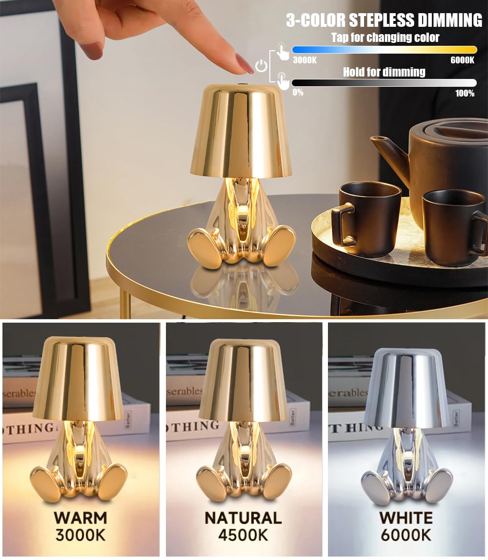 Настільна лампа ELINKUME Touch Cute Small Golden Man LED USB 3-рівнева яскравість Димова, фото №2