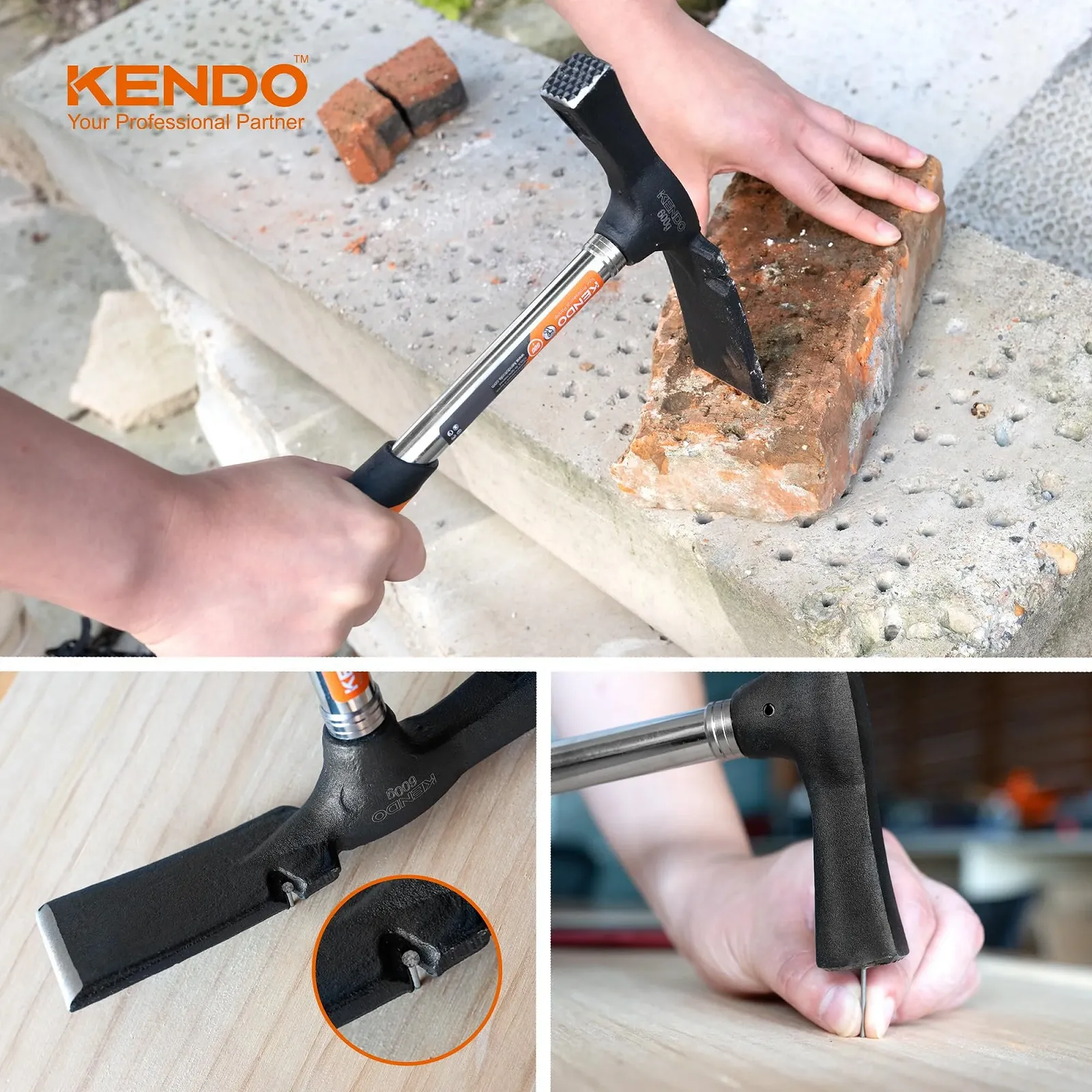 Молоток каменщика KENDO Берлинская форма 600 г 325 мм с 2-компонентной рукояткой из углеродистой стали, фото №4 Молоток каменщика KENDO Берлинская форма 600 г 325 мм с 2-компонентной рукояткой из углеродистой стали, фото №4