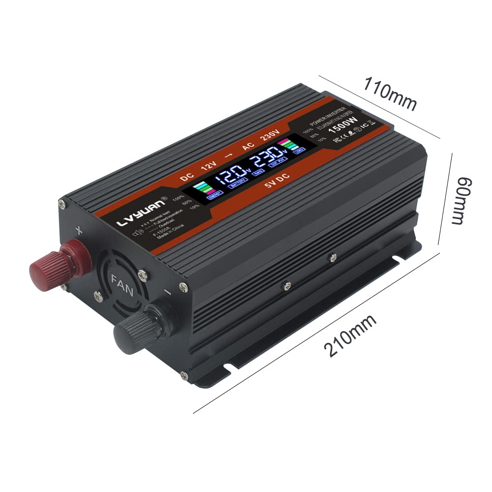 Перетворювач напруги Cantonape Інвертор 12 В 230 В 750 Вт LCD + 2 USB роз'єми з автомобільним прикурювачем та затискачами для автомобільного акумулятора, фото №6