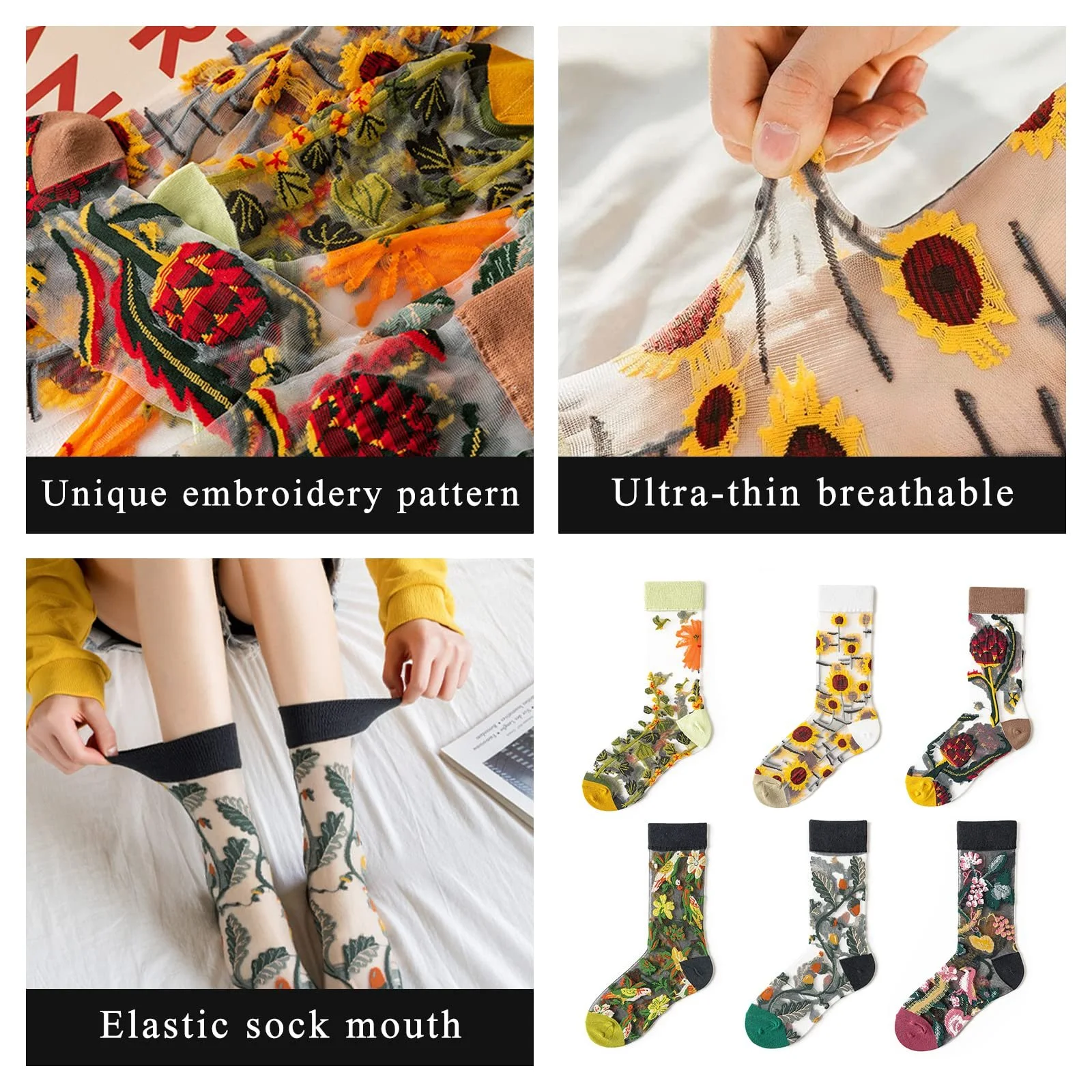 Жіночі шкарпетки з квітковою вишивкою, дихаючі сітчасті шкарпетки, фото №3