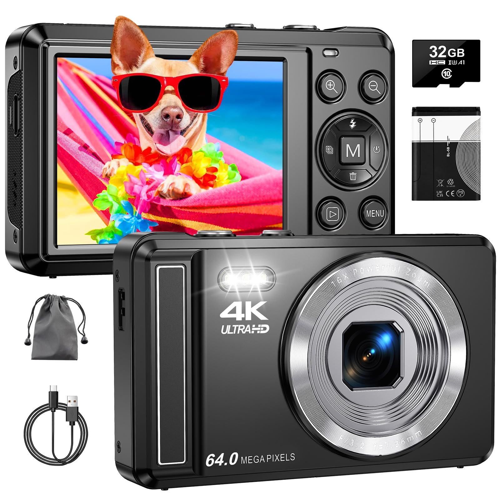 Цифровая камера 4K 64MP, с картой памяти TF 32GB, автофокус, 16X цифровой зум, аккумулятор 1200 mAh, кабель USB, черный, фото №1