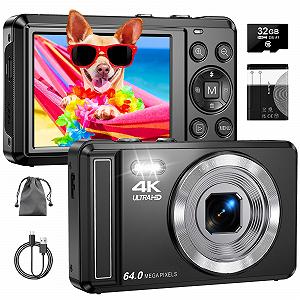 Цифровая камера 4K 64MP, с картой памяти TF 32GB, автофокус, 16X цифровой зум, аккумулятор 1200 mAh, кабель USB, черный - Фото 1
