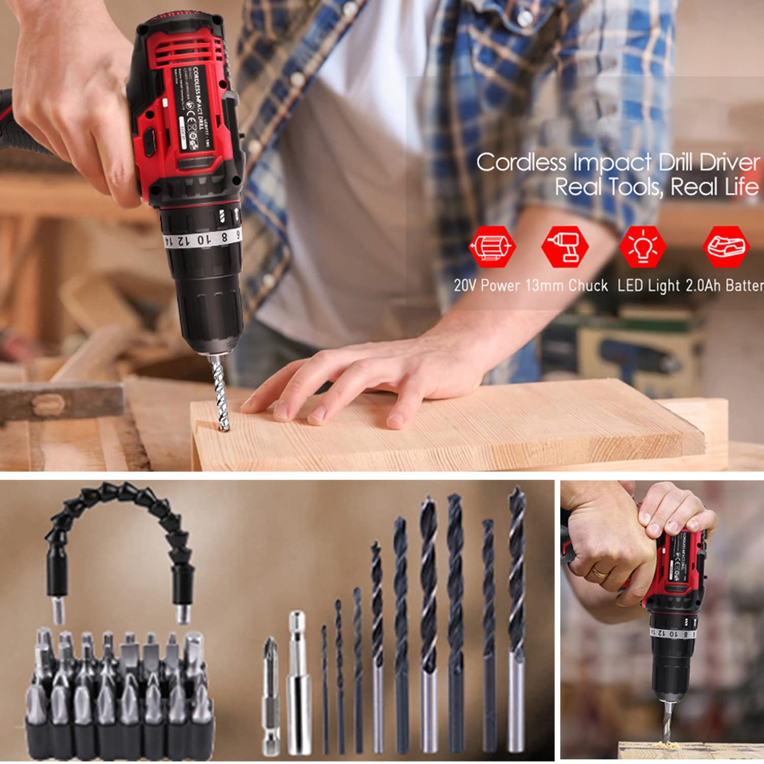 Дрель KKnoon Cordless 20 V Cordless с 1 батареей Li-Ion быстрое зарядное устройство 1H, фото №5