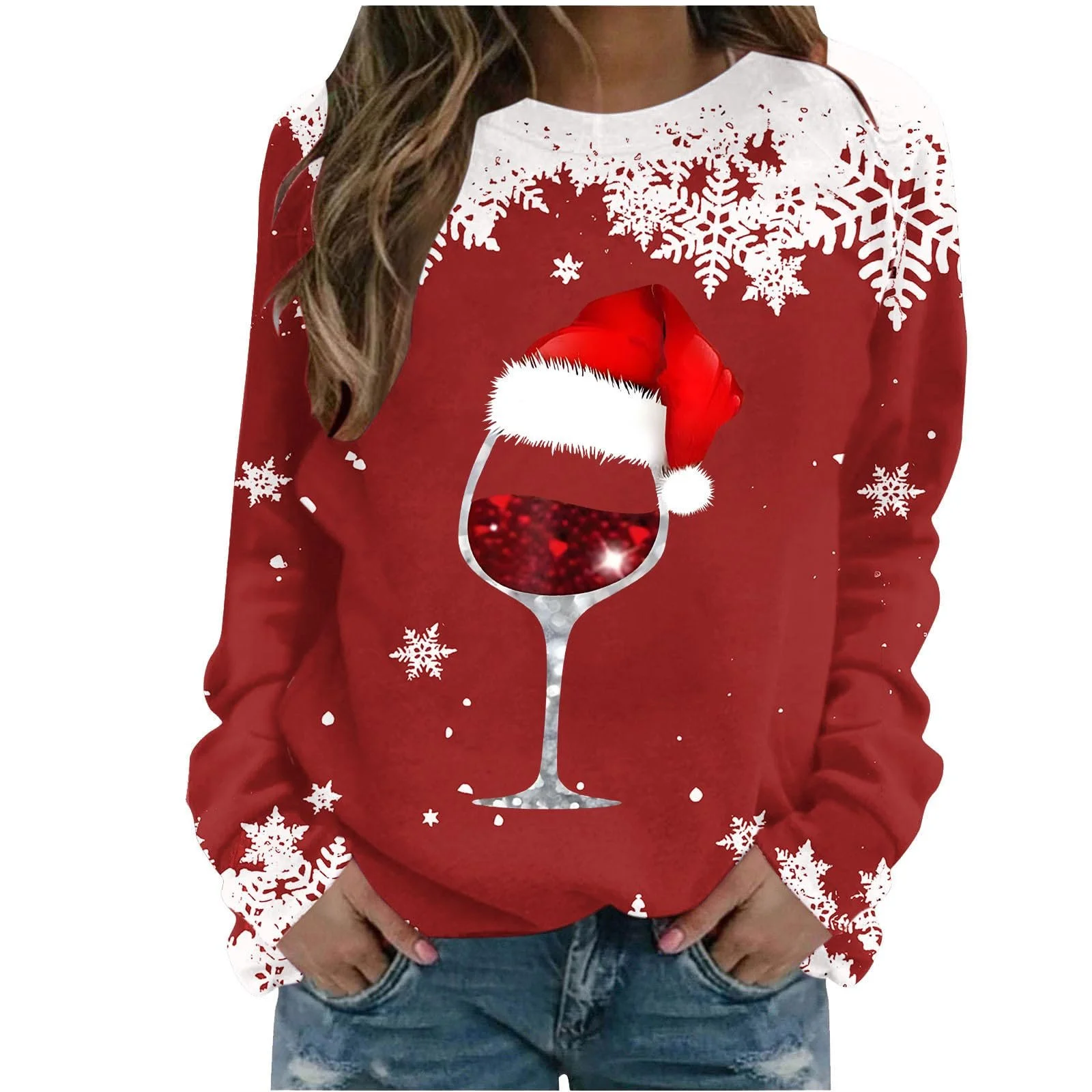 Рождественский джемпер tsaChick Женская кофта с длинными рукавами Рождественский мотив Снежинка Винный бокал, фото №1