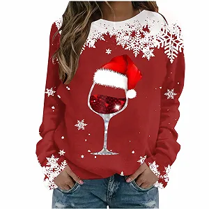 Рождественский джемпер tsaChick Женская кофта с длинными рукавами Рождественский мотив Снежинка Винный бокал - Фото 1