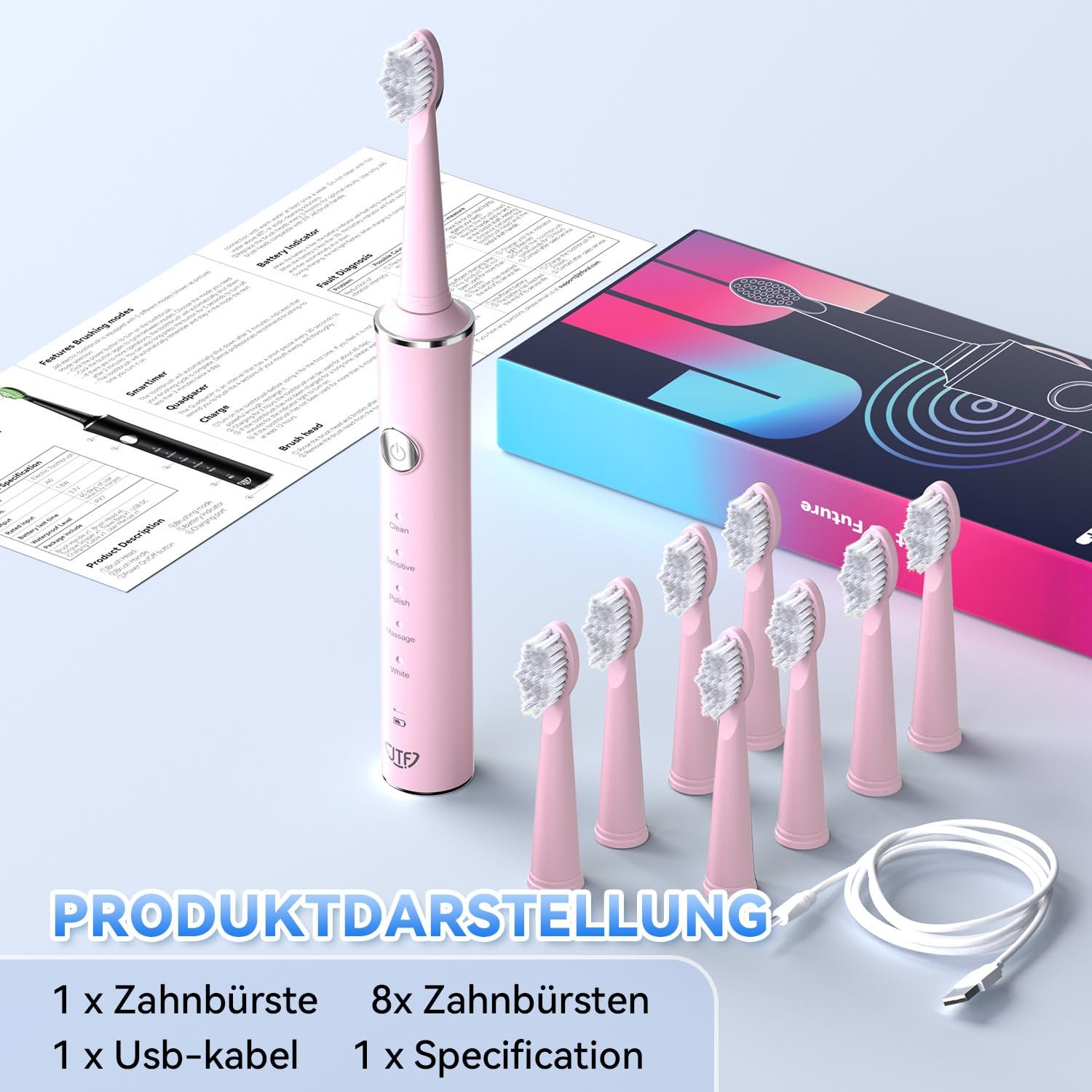 Електрична звукова зубна щітка JTF 5 режимів Рожева, фото №7