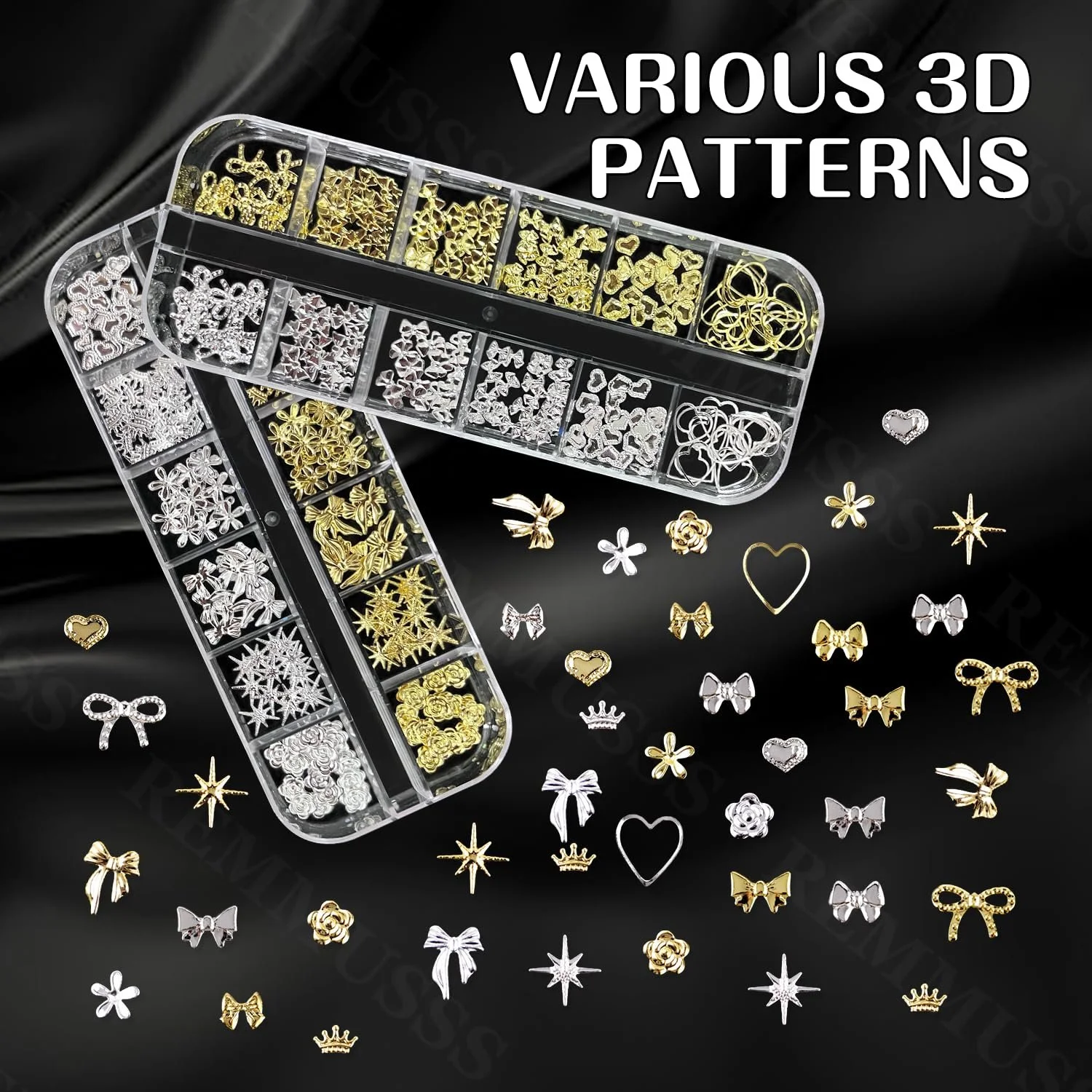 Стразы для ногтей 2 коробки Золотые Серебряные Звезды Бантики Подвески для ногтей Микс Размеров Блестки для ногтей Золотые Металлические Полые Заклепки для ногтей Звезда Луна Солнце Аксессуары для DIY дизайна ногтей, фото №3