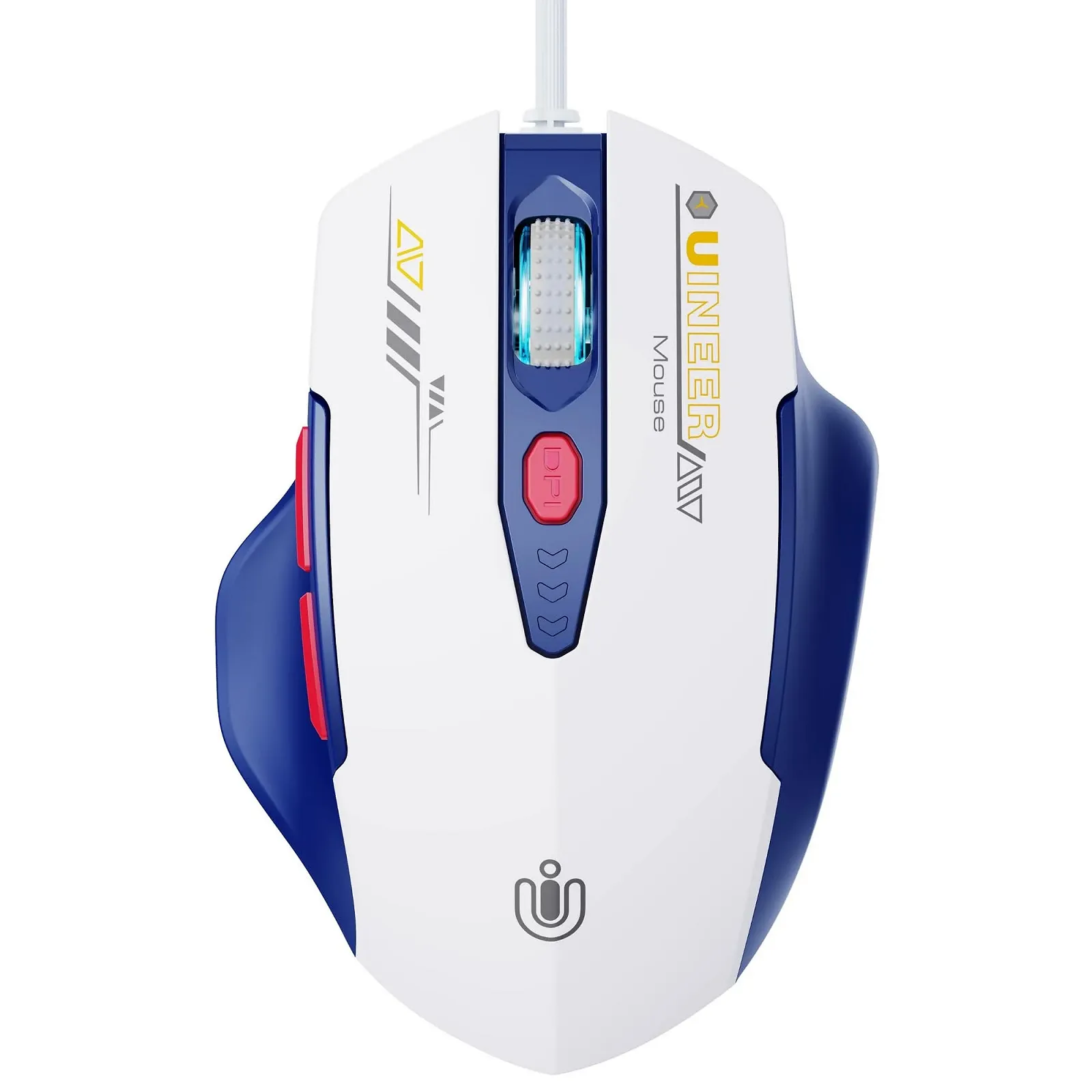Мышь Uineer проводная, эргономичный дизайн, до 7200 DPI регулируемая, 6 кнопок, для компьютера, ПК, ноутбука, Plug & Play, сине-белая, фото №1
