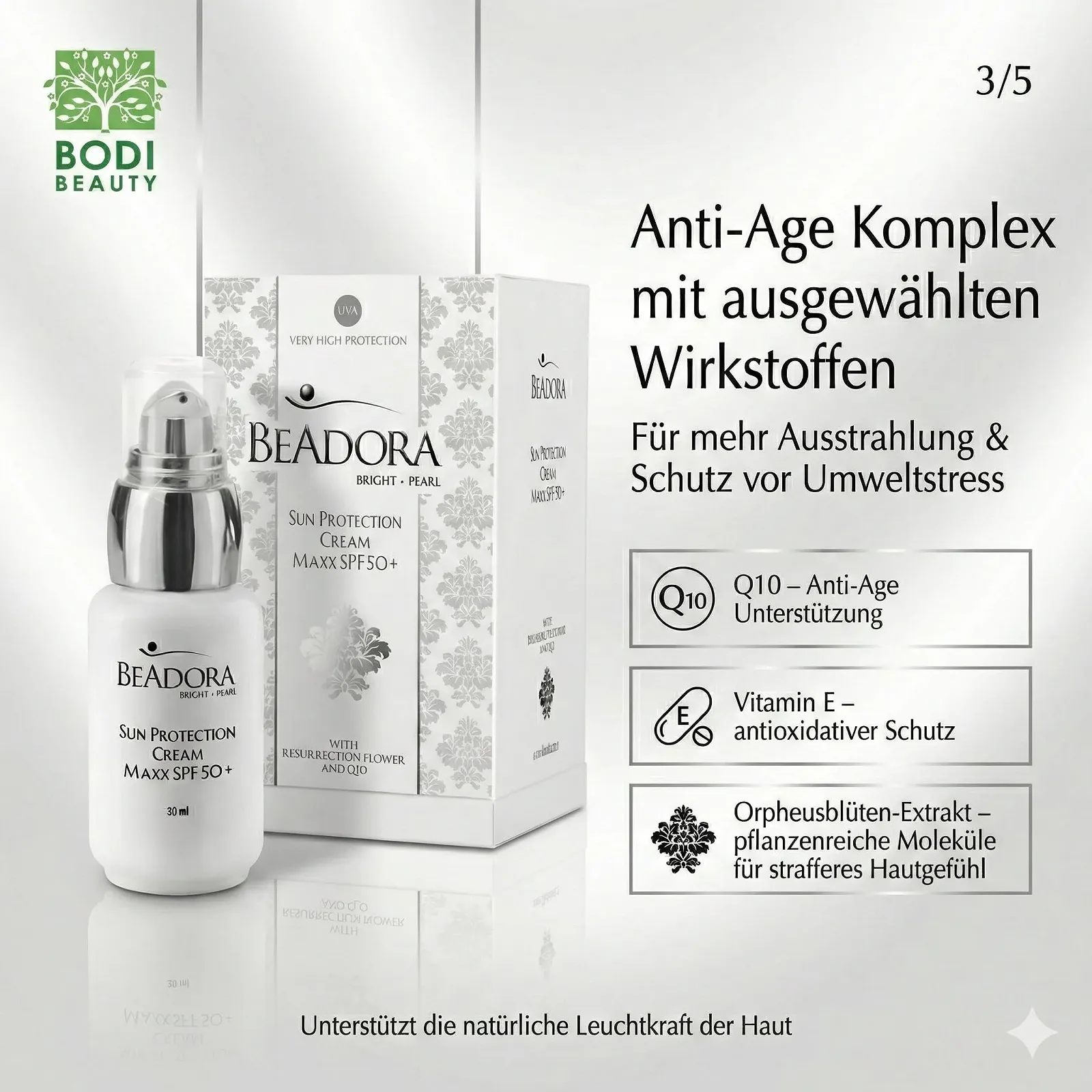 Денний крем BeAdora Bright Pearl MAXX SPF 50+ з ніацинамідом, альфа-арбутином та Q10 30 ml, фото №4