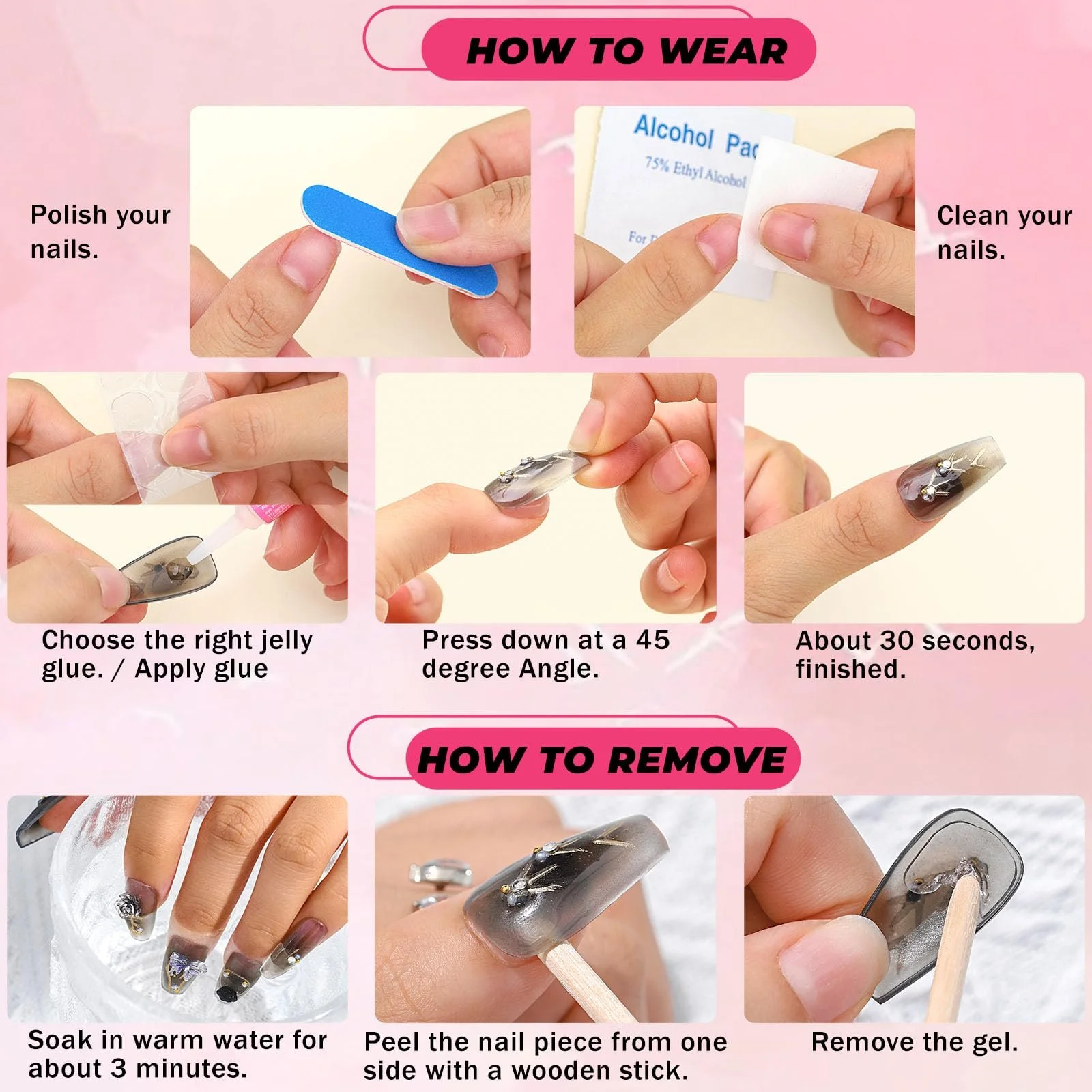 Накладные ногти Sethexy Длинные гробы с фиолетовыми стразами, 3D кристаллы, акрил, 20 шт (Q), фото №7