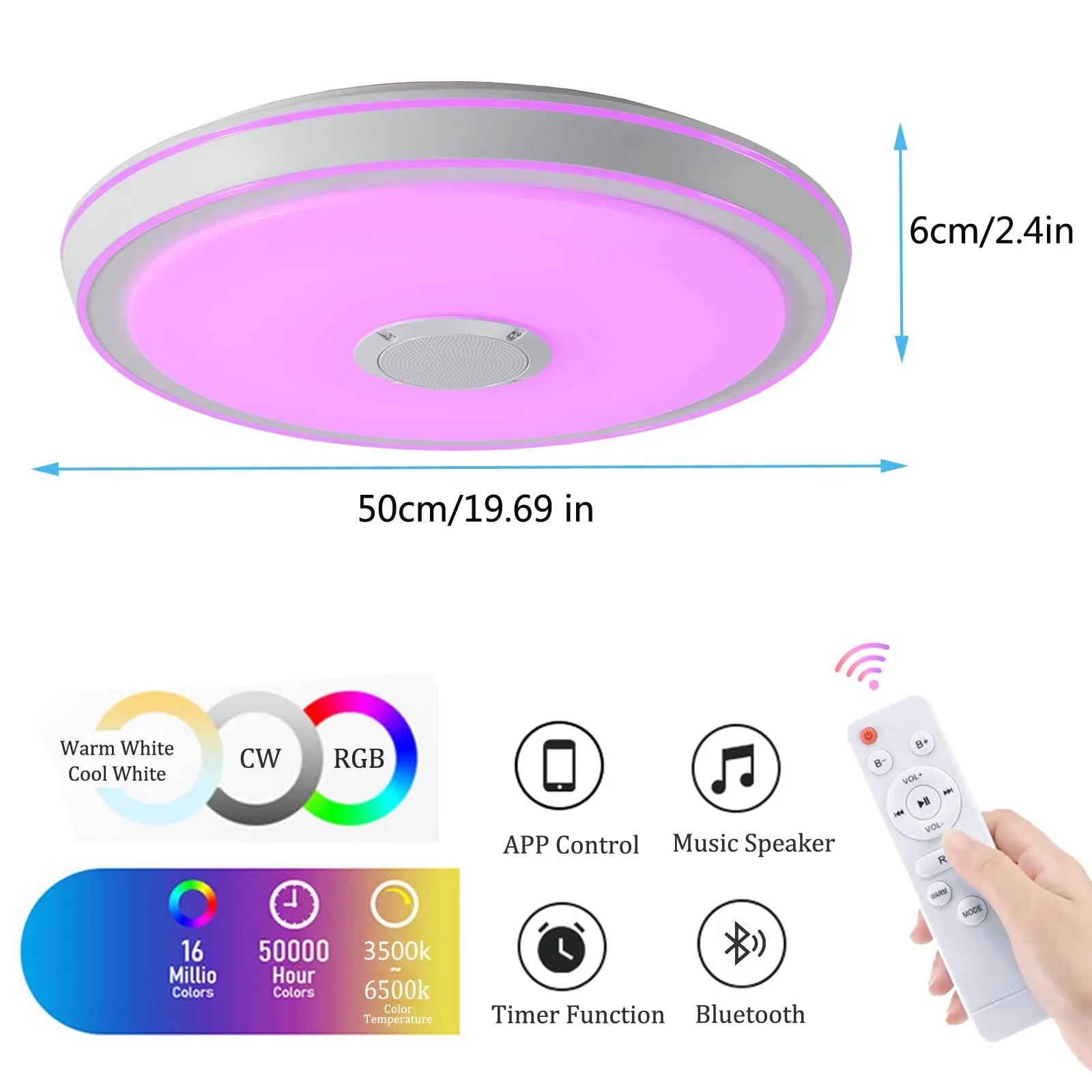 Світильник VOMI LED 50 см Зміна кольору з Bluetooth-динаміком RGB Стельовий Регульований пульт дистанційного керування і Управління через додаток, фото №2