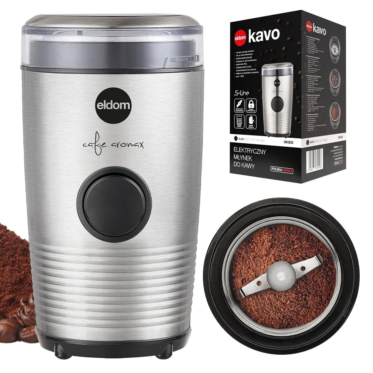Электрическая кофемолка Eldom MK80S 60 г, лезвия из нержавеющей стали, серебристая, 150 Вт, фото №1