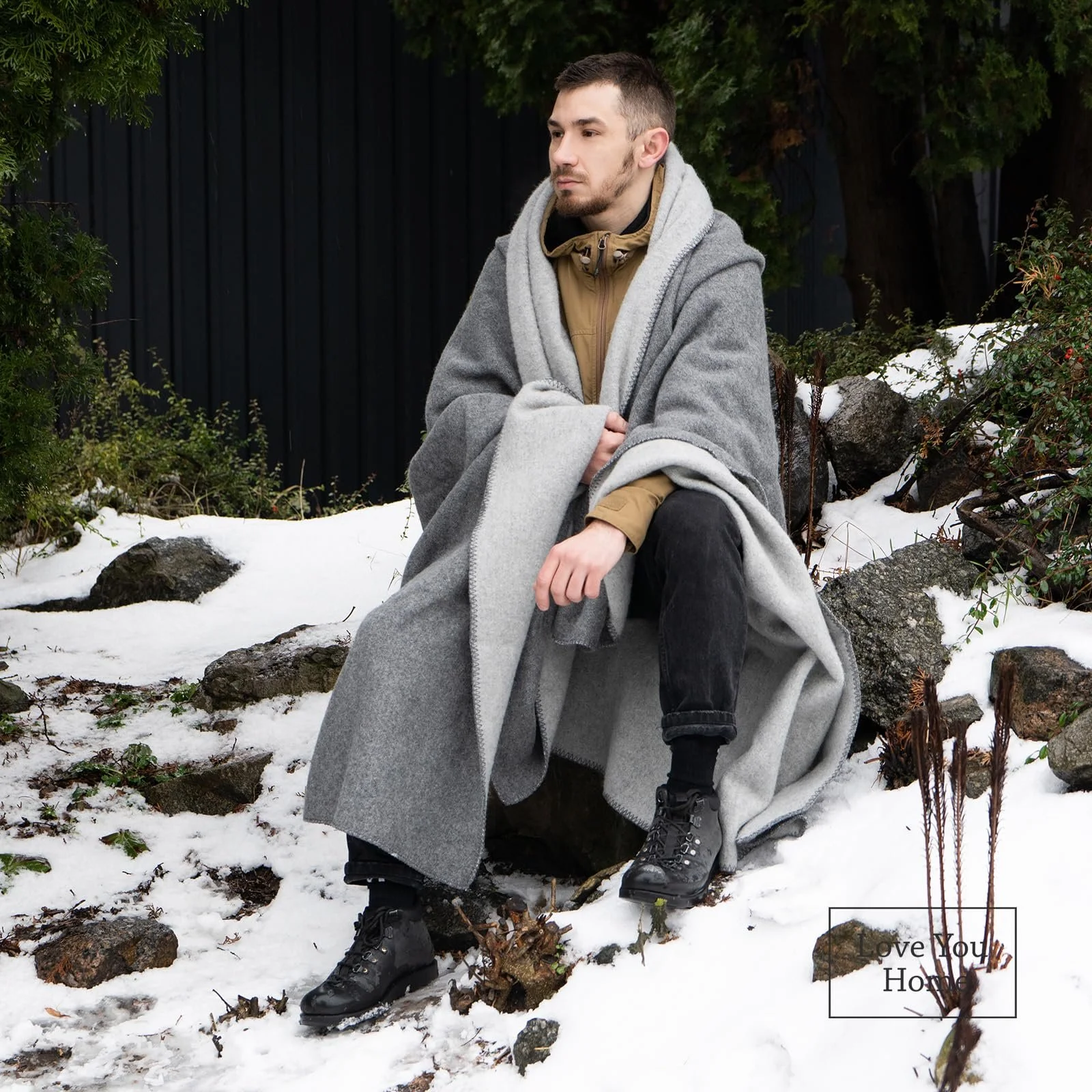 Одеяло LYHome из мериносовой шерсти, дорожное одеяло, одеяло для пикника, одеяло для кемпинга, военное уютное одеяло, покрывало, пушистое одеяло из овечьей шерсти, одеяло для дивана, уличное одеяло 150 x 215 см, светло-серое, фото №2