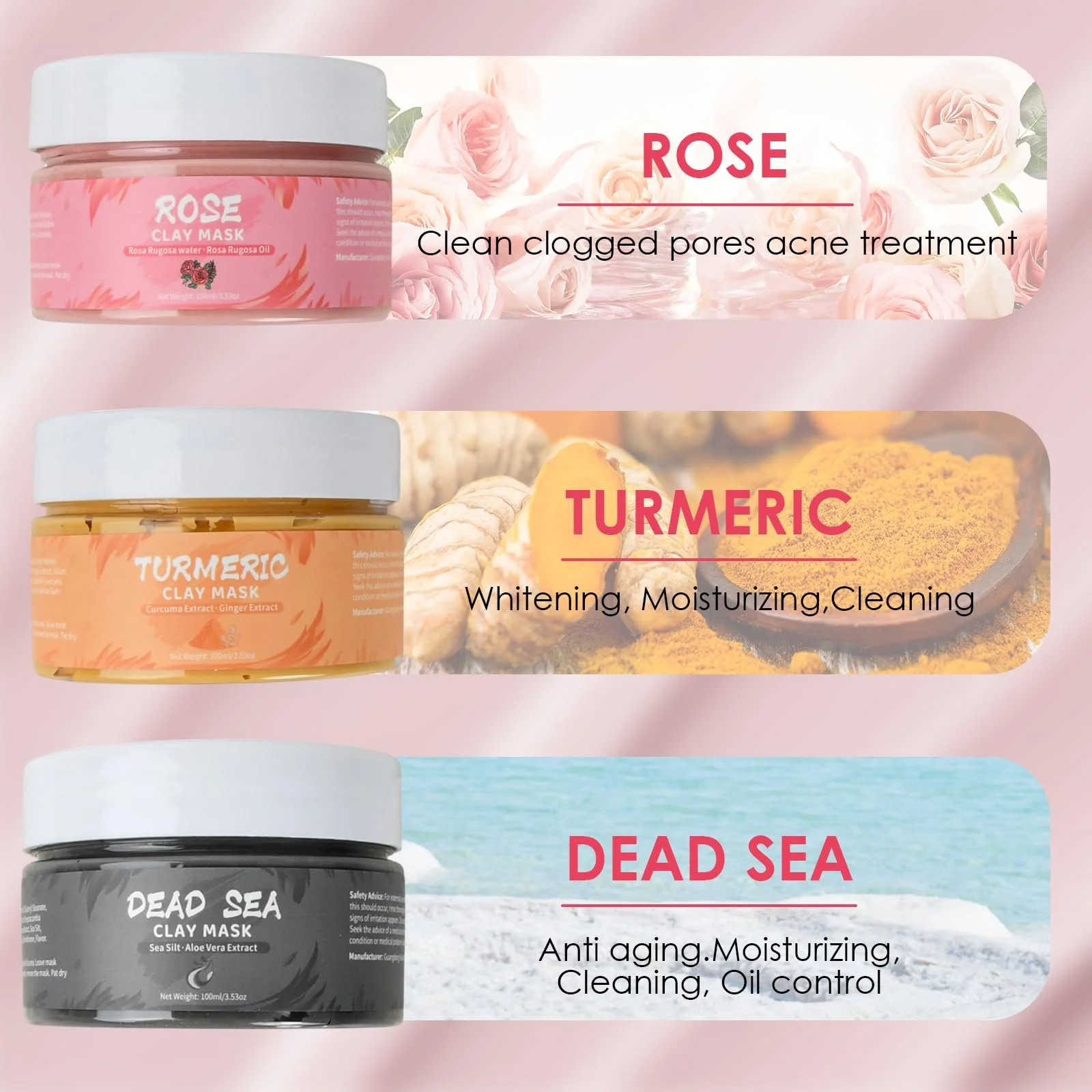 Набір масок для обличчя Spa, Маска для обличчя з трояндою, Набір глиняних масок для зменшення кількості чорних цяток і акне, фото №3