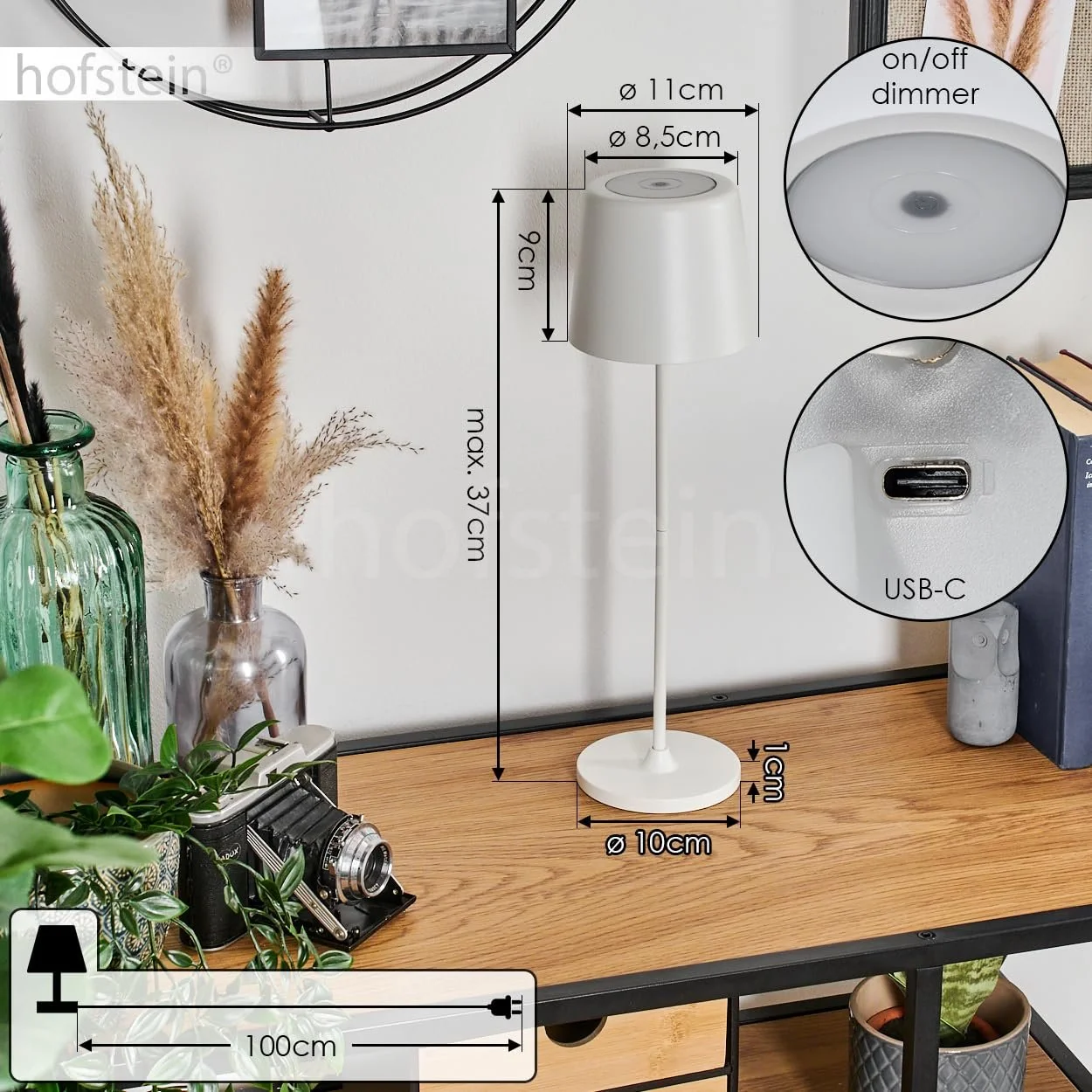 Настільна лампа HOFSTEIN Belece LED димована метал/пластик USB-C акумулятор 2 Ват 310 Люмен 3000 Кельвін білий, фото №5