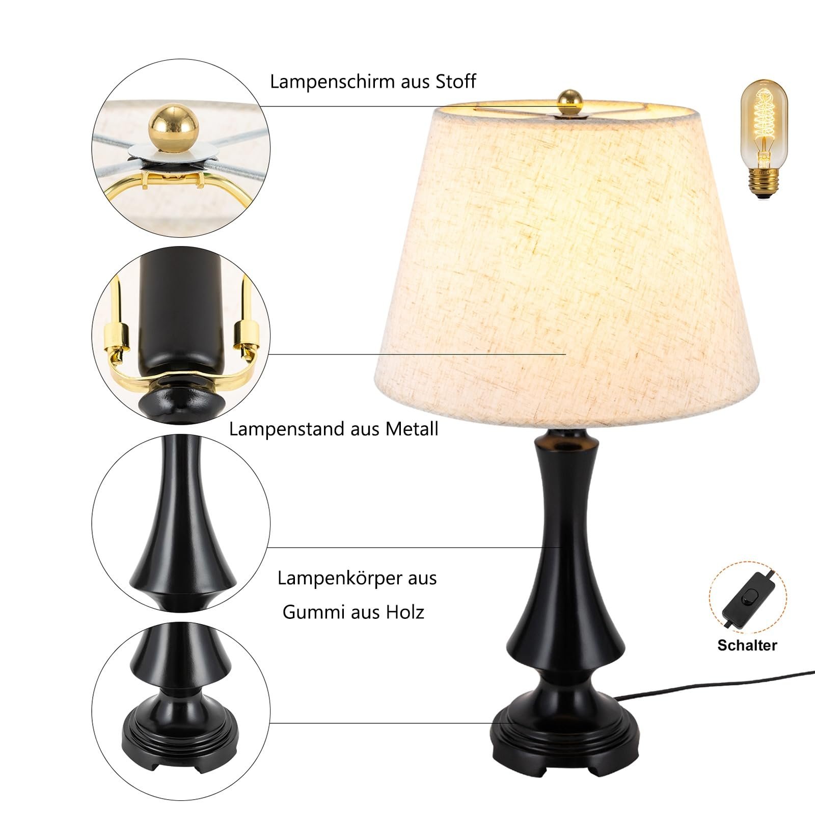 Настільна лампа Ретро Лляний абажур E27 Кнопковий перемикач, фото №5