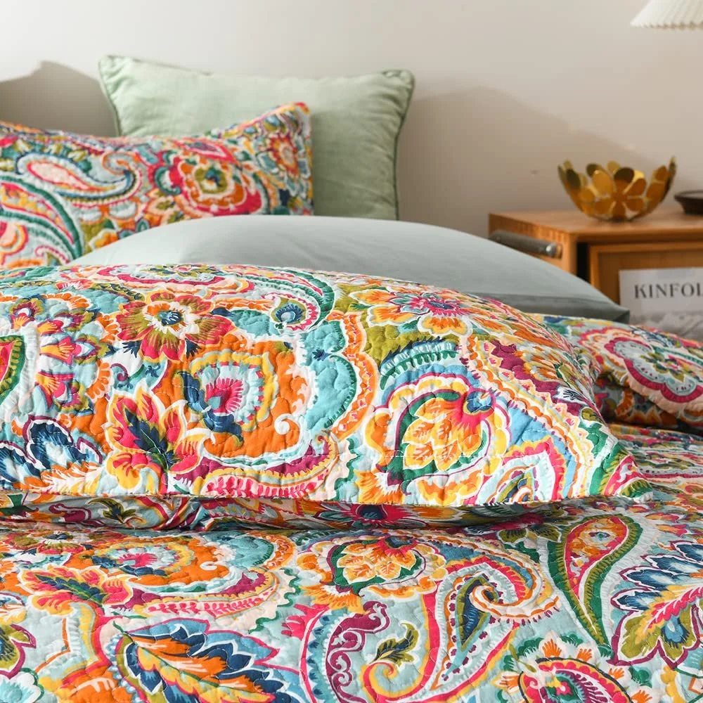 Покрывало VISIMISI Хлопок Белый Цветы Пейсли 240 x 260 см, Накидка на кровать 250 x 270 см, С 2 Наволочками, Двустороннее, Всесезонное для Двуспальной кровати, фото №7