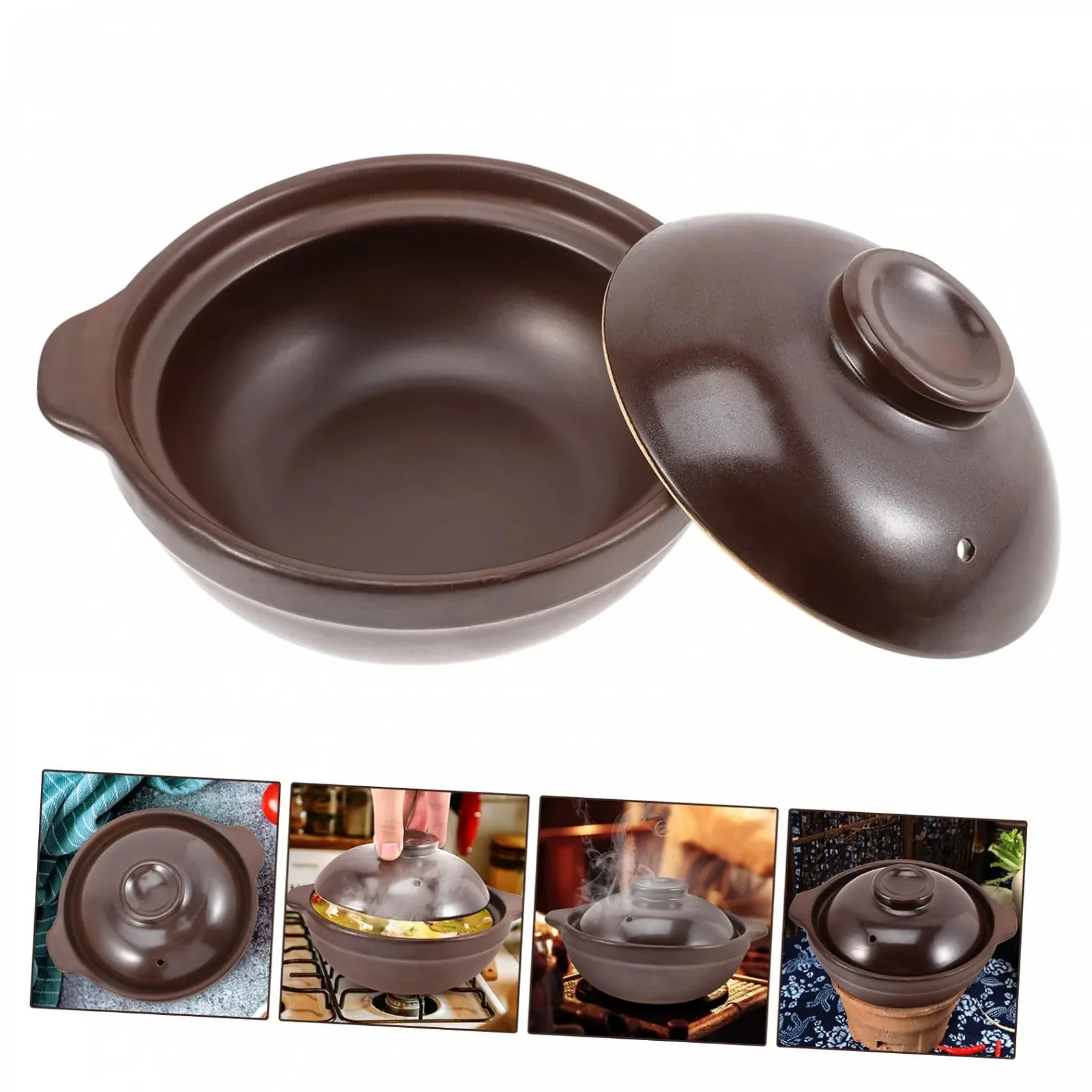 Горшок для запекания TOYANDONA керамический термостойкий с крышкой коричневый, фото №9