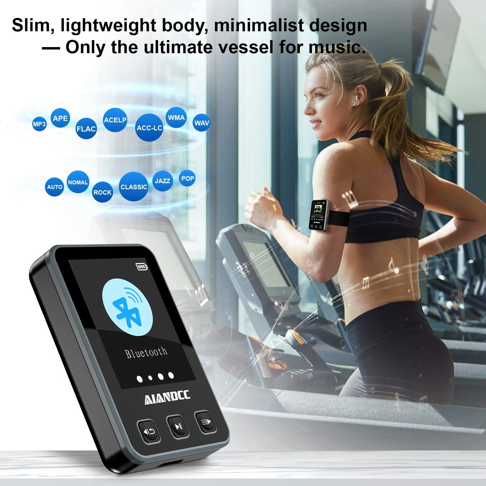 MP3 плеер Bluetooth 5.3 со спортивным зажимом и ремешком, 1.77-дюймовый TFT цветной экран, с наушниками, поддержка SD-карты до 128GB, Черный, фото №4