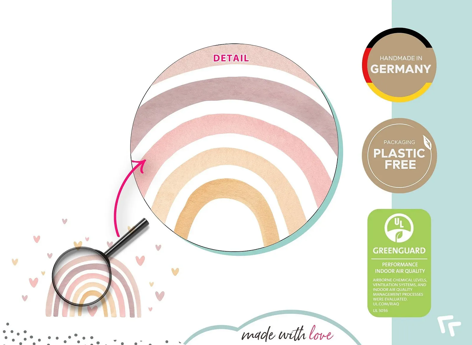 Наклейка на стену Little Deco DL5091 XL Радуга с сердечками Розово-желтая 218 x 129 см, фото №5