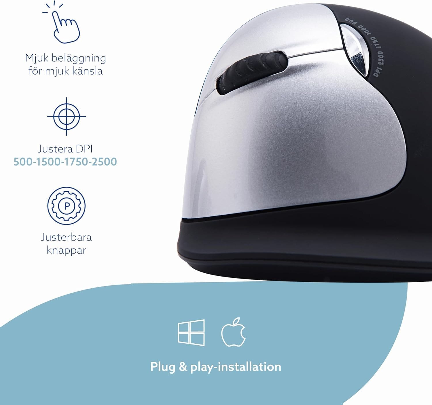 Вертикальна ергономічна бездротова миша R-Go HE RGOHELELAWL / 1750 DPI / 5 кнопок / Чорний-сірий, фото №5