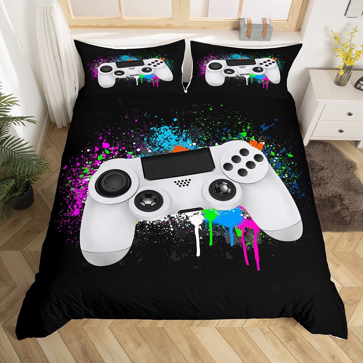 Постільна білизна Homemissing Gamer Game, 135 x 200 см, чохол на ковдру з відеоігровим контролером, білосніжна постільна білизна Gamepad Tie Dye, барвистий чохол на ковдру Tie Dye, фото №1