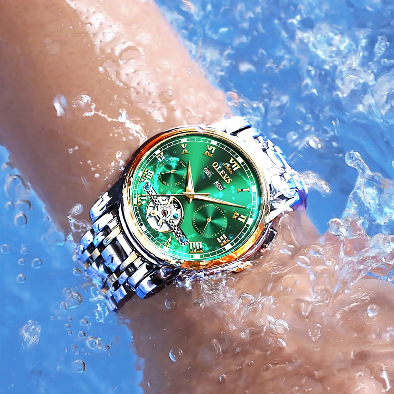 Чоловічий Годинник OLEVS Автоматичний Золотий Чорний Механічний з Турбійоном Календар Водонепроникний, фото №3 Чоловічий Годинник OLEVS Автоматичний Золотий Чорний Механічний з Турбійоном Календар Водонепроникний, фото №3