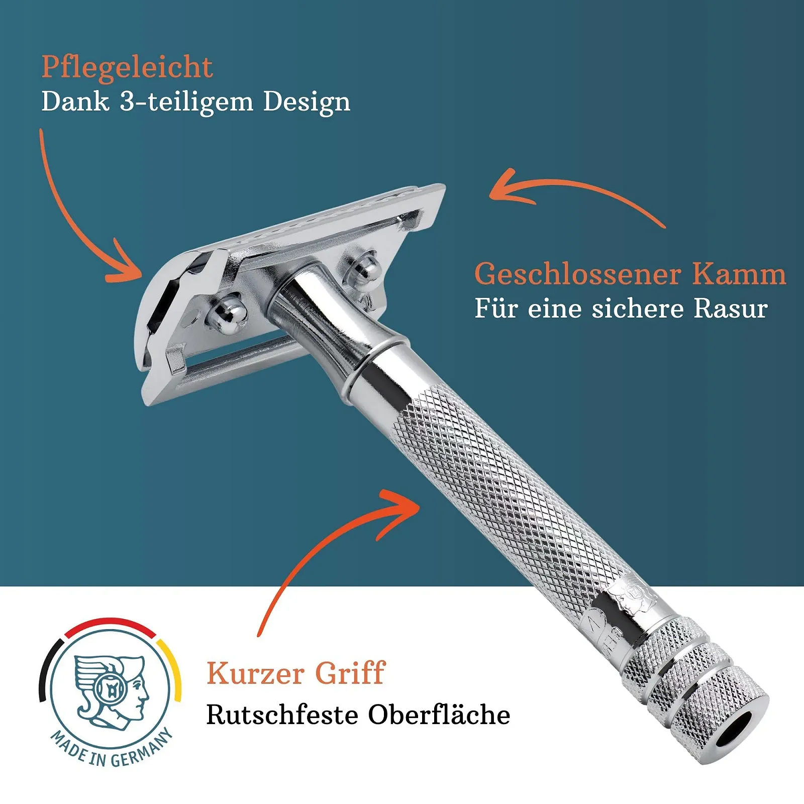 Т-образная безопасная бритва MERKUR 33C Classic Gloss Chrome трехсоставная с прямым срезом и закрытым гребнем, цинковый сплав, латунная ручка, фото №2