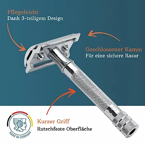 Т-образная безопасная бритва MERKUR 33C Classic Gloss Chrome трехсоставная с прямым срезом и закрытым гребнем, цинковый сплав, латунная ручка synthetic.ua - Фото 1