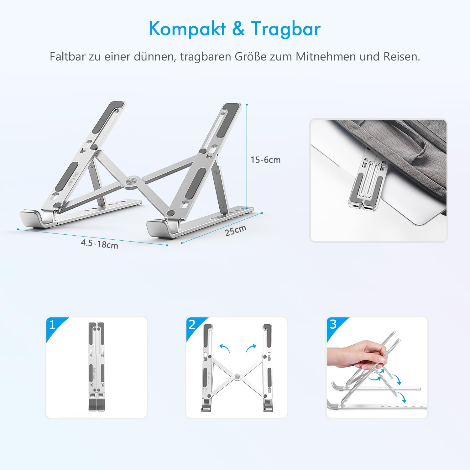 Підставка для ноутбука BoYata, 6 рівнів регулювання висоти, портативна, складана алюмінієва підставка, сумісна з MacBook Air, Dell XPS, більшістю ноутбуків 10-15 дюймів, фото №5