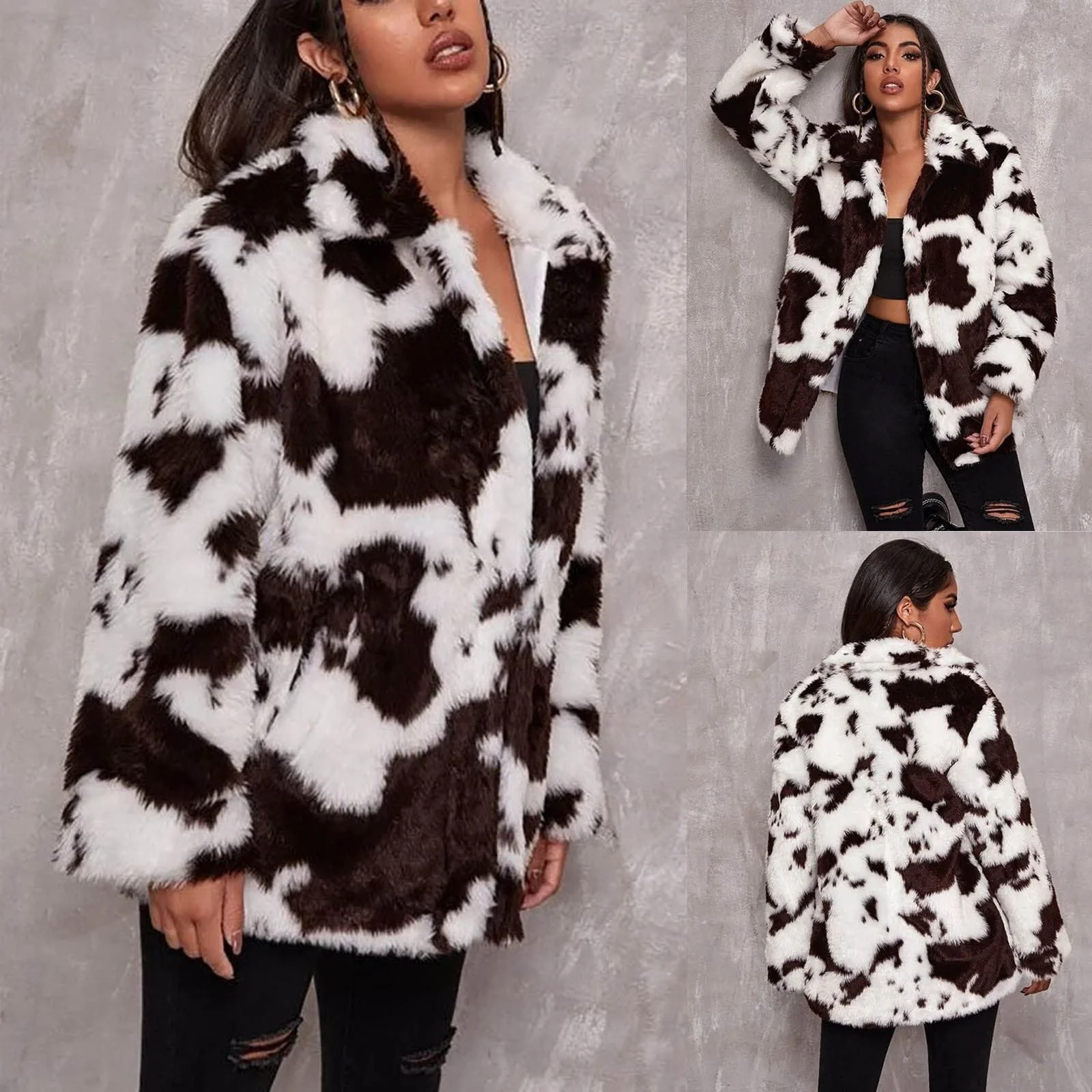 Жіноча хутряна куртка з коров'ячим візерунком, зимова тепла модна великих розмірів, фото №2 Жіноча хутряна куртка з коров'ячим візерунком, зимова тепла модна великих розмірів, фото №2