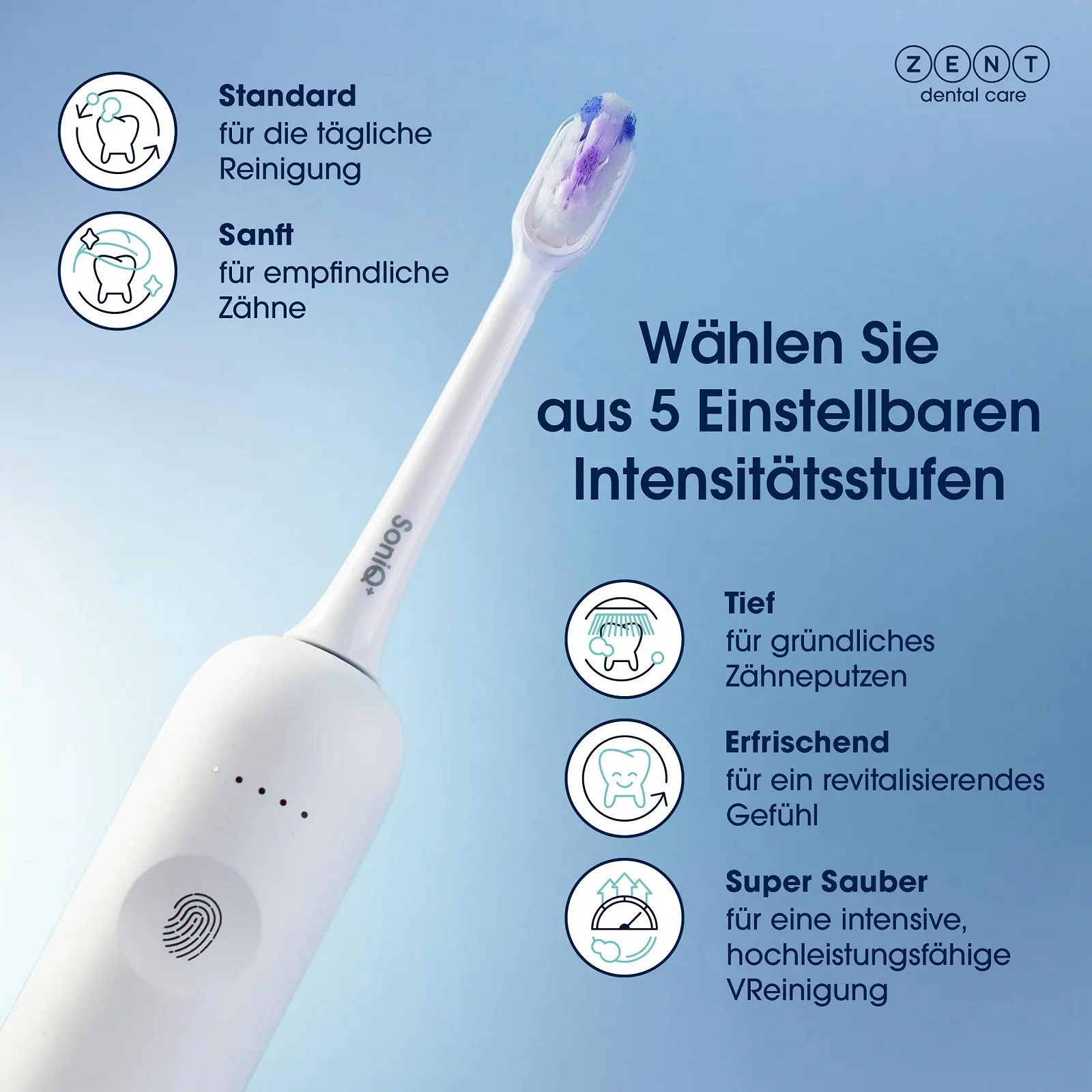 Электрическая звуковая зубная щетка ZENT SoniQ+ 2-в-1 60° Rotation 5 режимов IPX7 White, фото №3