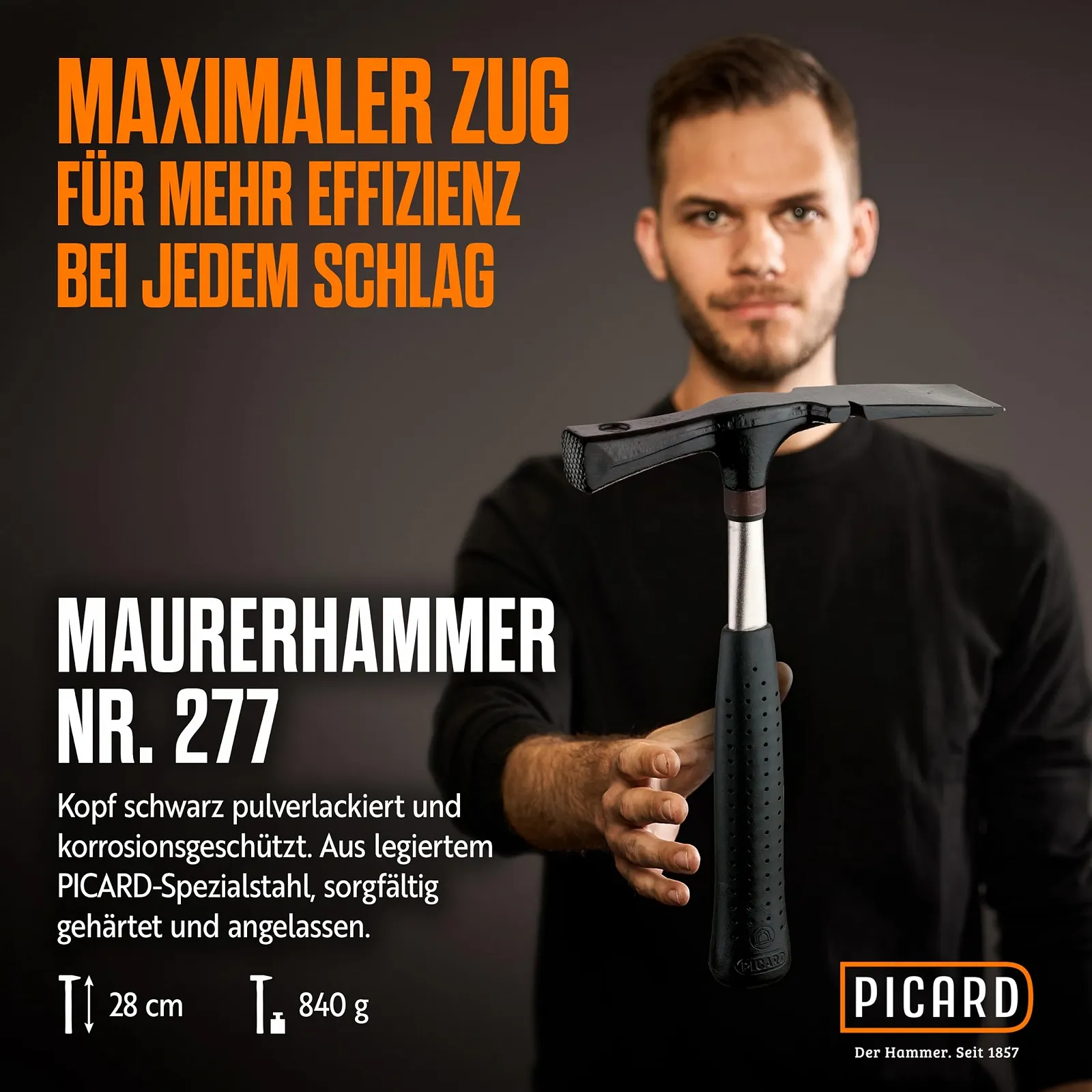 Молоток каменщика Picard 0027700 берлинского типа 600 г черный/серебристый, фото №2