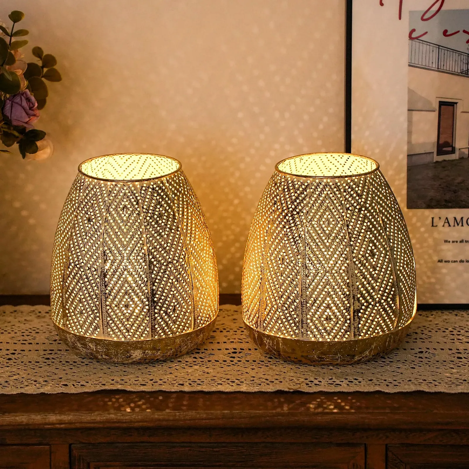 Настільна лампа JHY DESIGN Набір з 2 шт. Металева Бездротова На батарейках 17 см Сферична Золотистий та сріблястий, фото №1