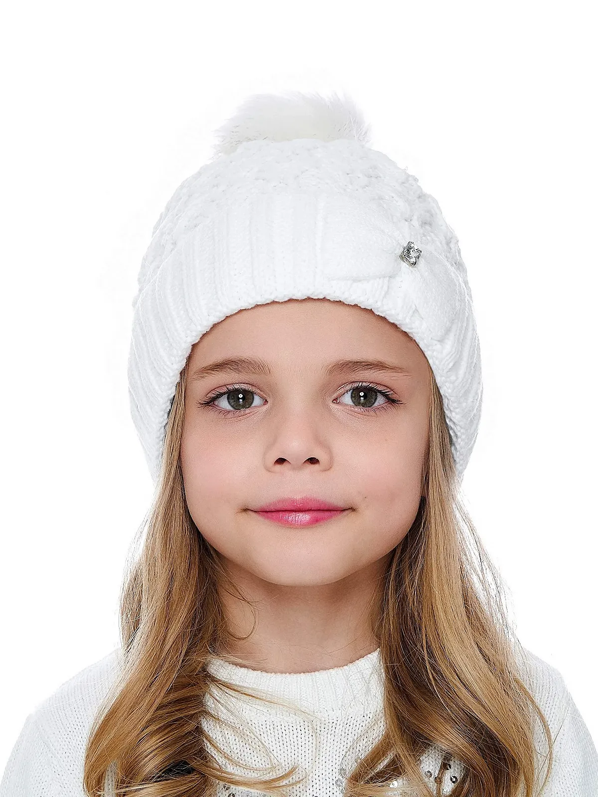 В'язана шапка Marhatter для дівчинки, зимова, з бантом та блискучим камінням, біла, фото №3